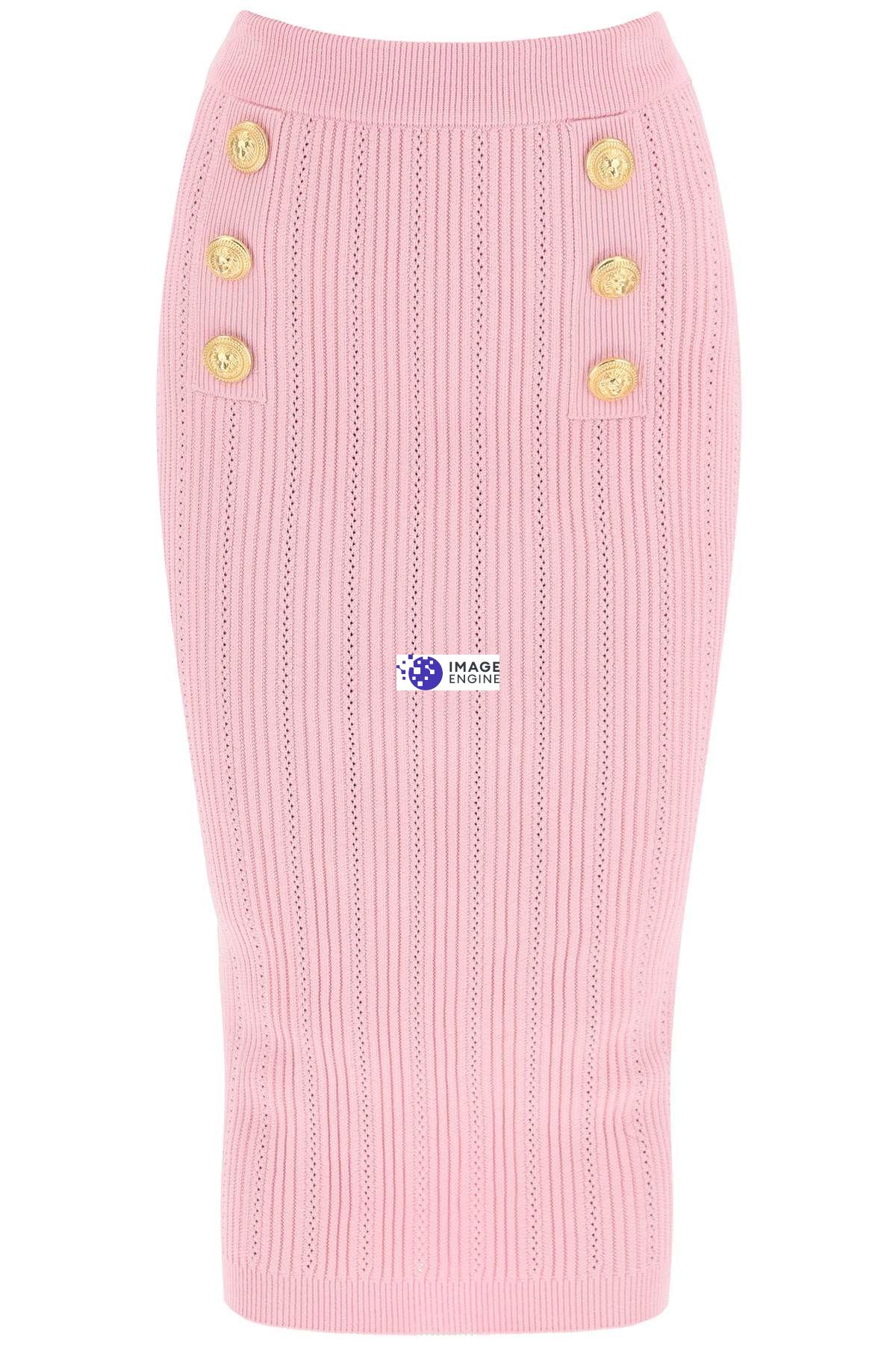 Balmain Feminine Embossed Knit Midi Skirt In Pink For Ss24 In Pink