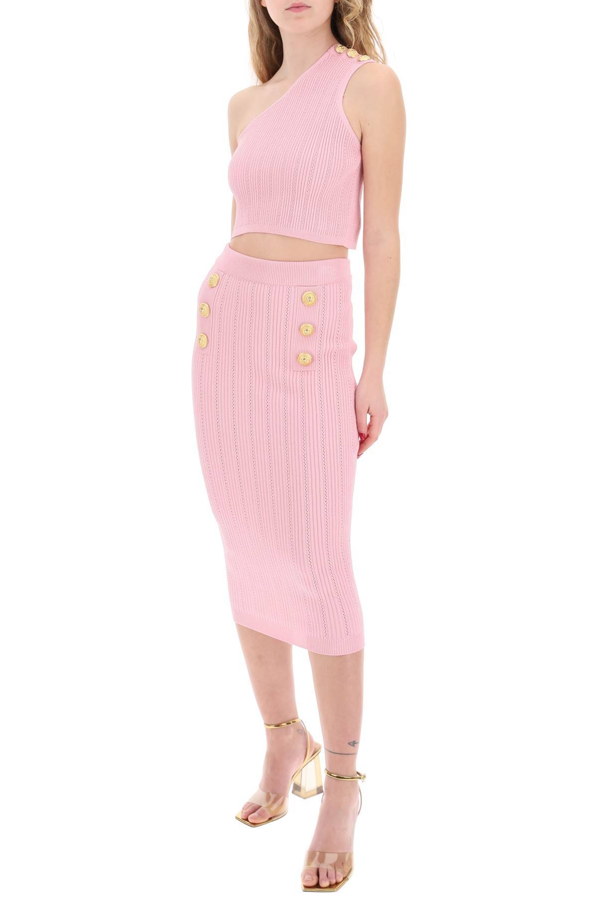 Shop Balmain "knitted Midi Skirt With Embossed In Pink