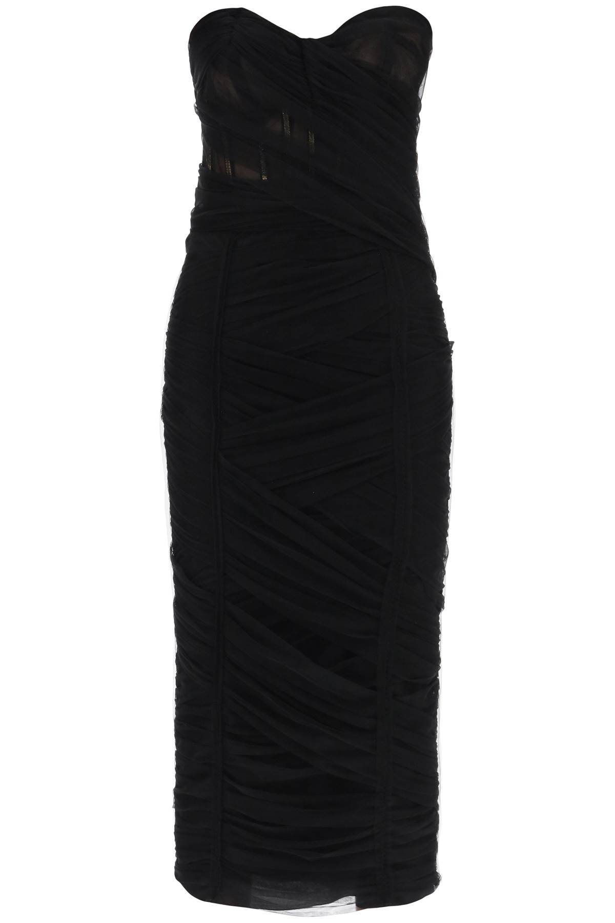 Dolce & Gabbana Midi Bustier Dress In Draped Tulle In Black