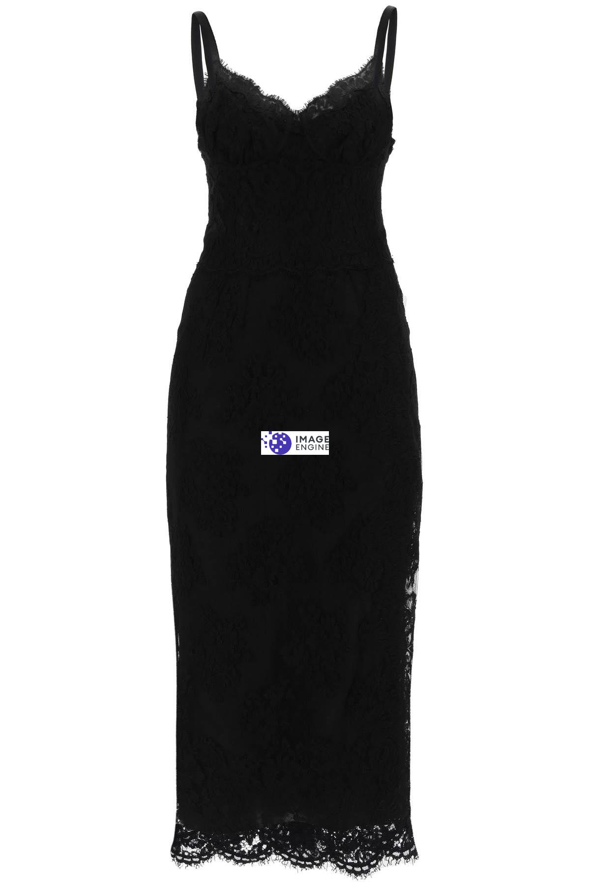 Dolce & Gabbana Abito Midi In Pizzo Con Spacco In Black