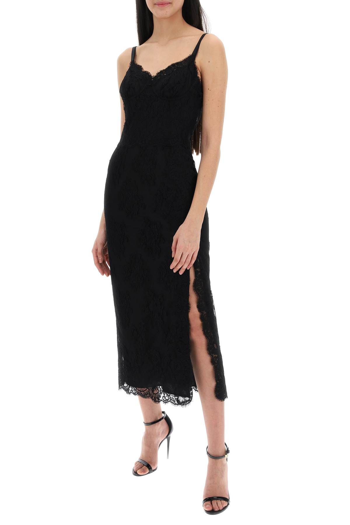 Shop Dolce & Gabbana Midi Lace Dress With Slit In Black