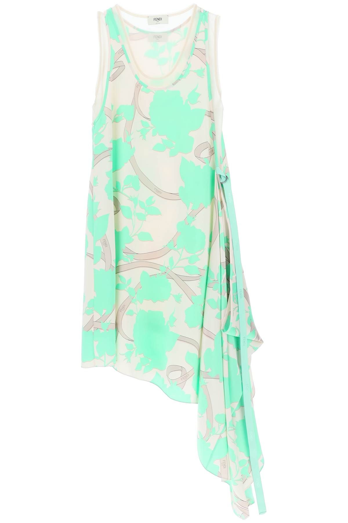 Fendi Asymmetrical Silk Satin Dress With ' Roses' Motif In Beige,green