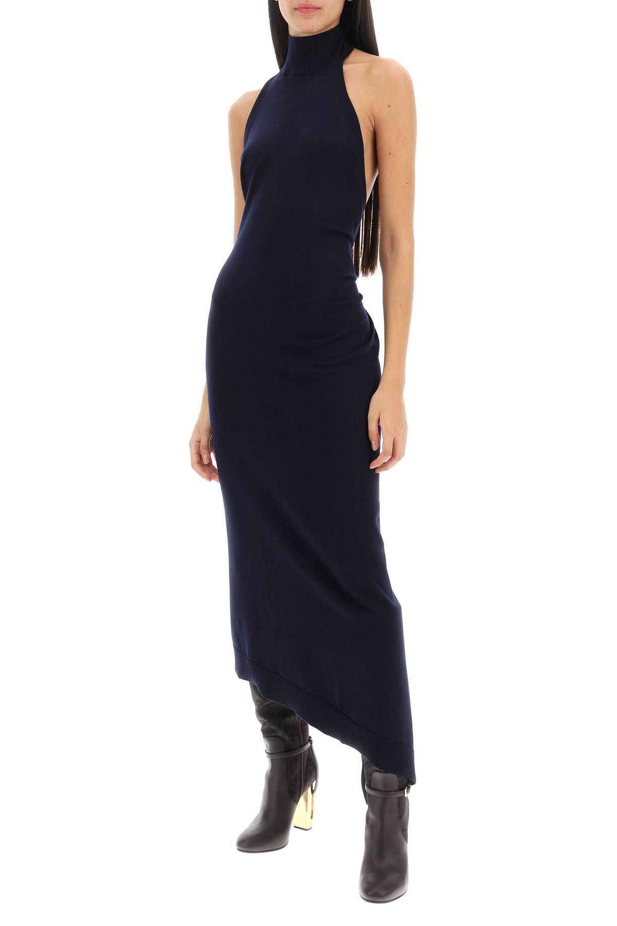 Shop Fendi Asymmetric Wool Knit Dress In Blue
