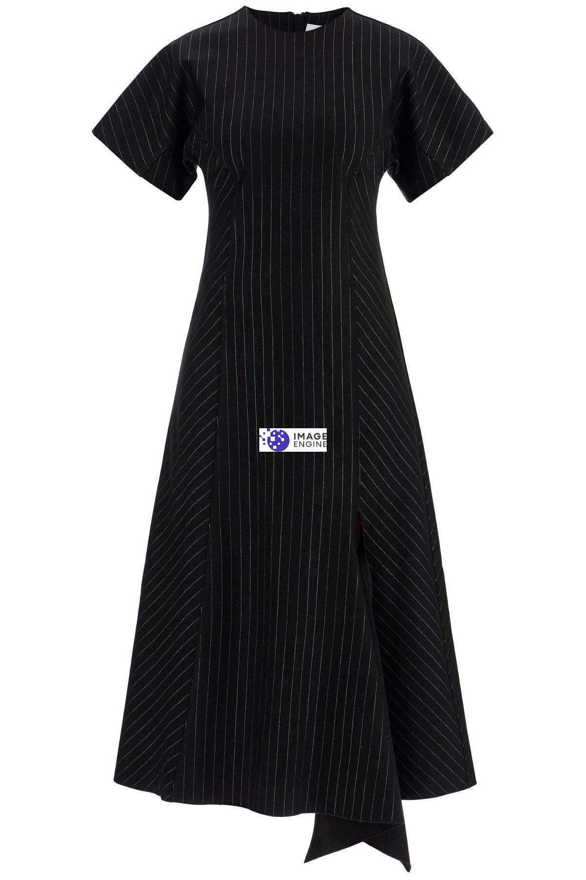 Ganni Pinstripe Asymmetric Midi Dress In Black