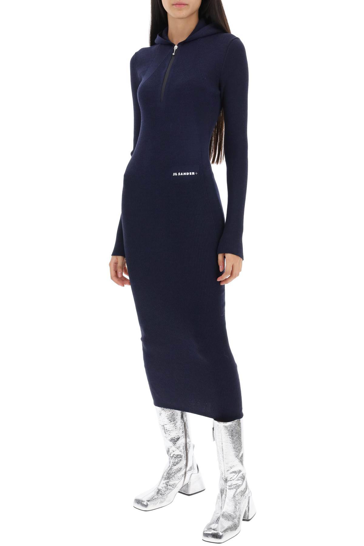 Shop Jil Sander Hooded Midi Knit Dress In Blue