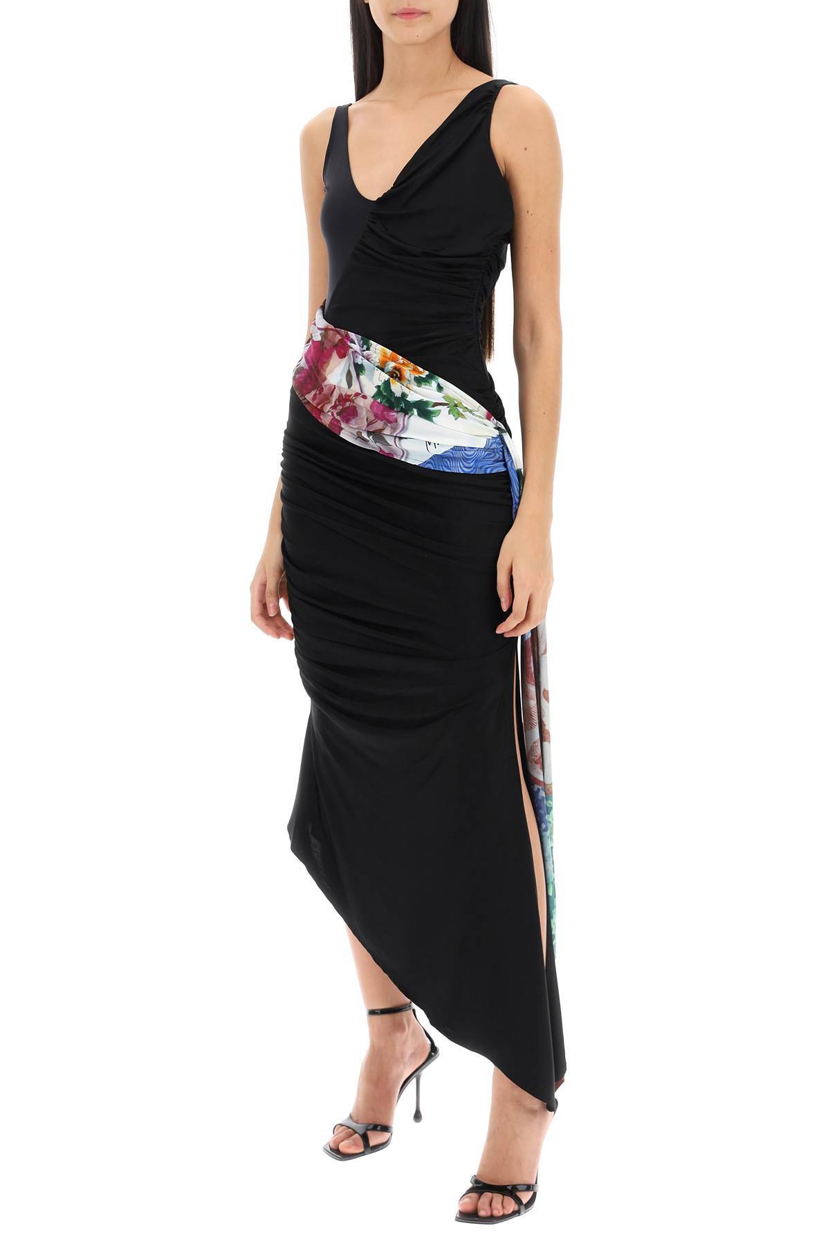 Shop Marine Serre Dress In Draped Jersey With Contrasting Sash In Black