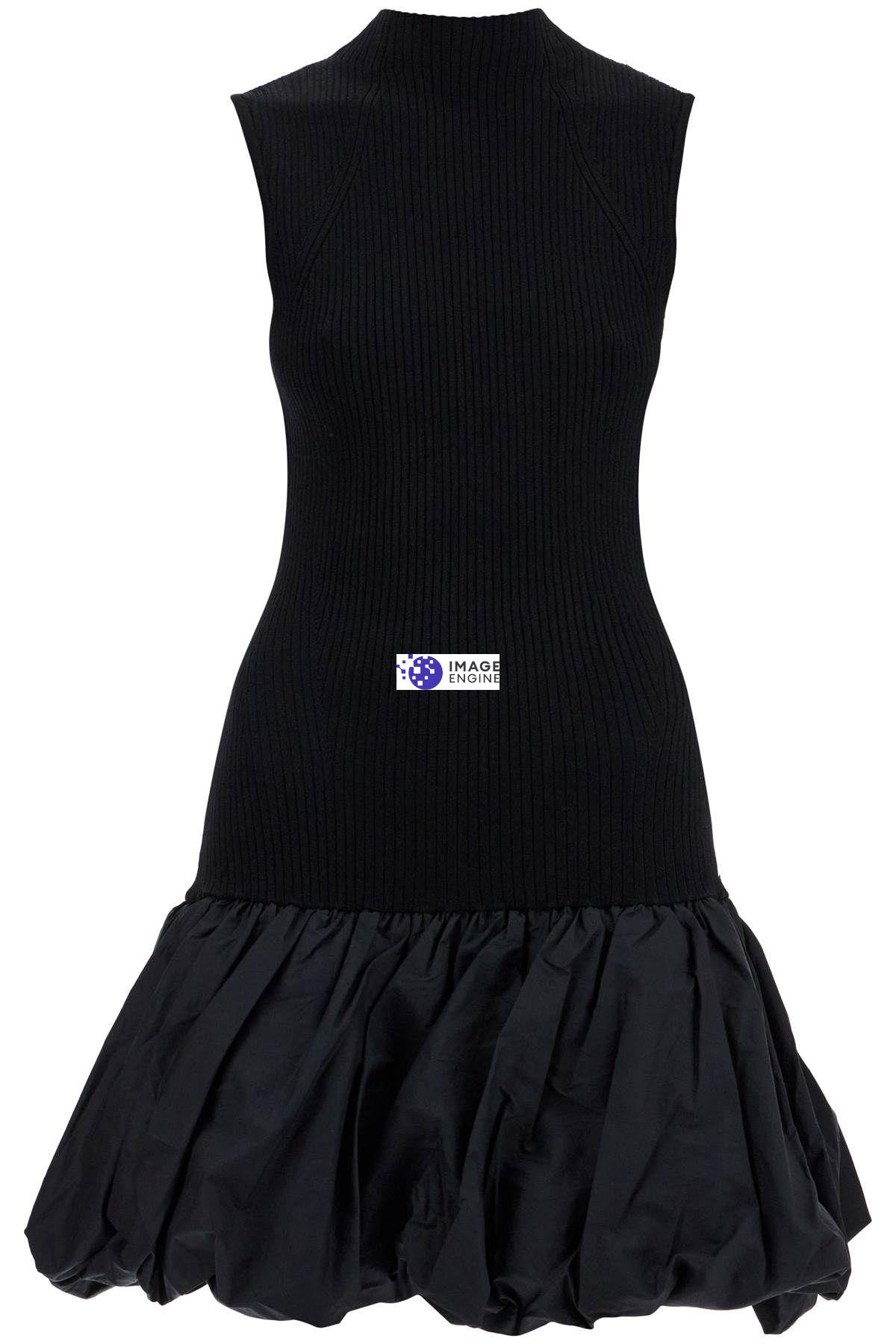 ROTATE black knit racer cut dress with high neck and flared skirt