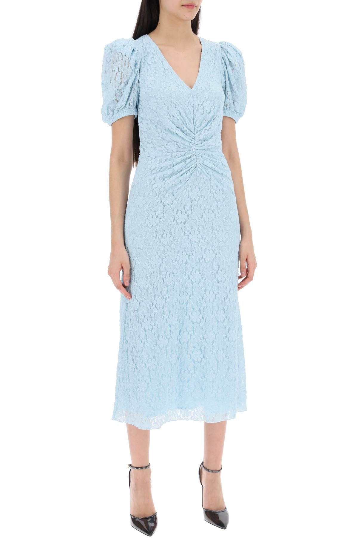 Shop Rotate Birger Christensen Midi Lace Dress With Puffed Sleeves In Light Blue