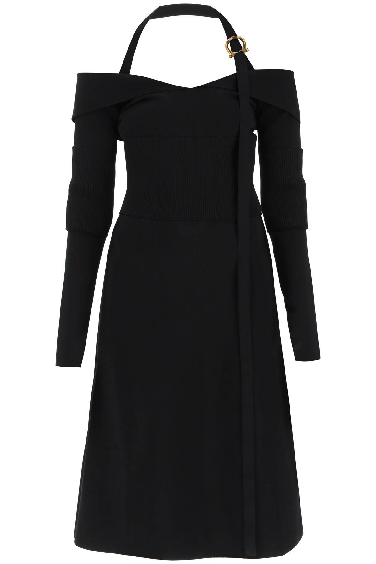 Ferragamo Knit Midi Dress With Gancini Buckle In Black