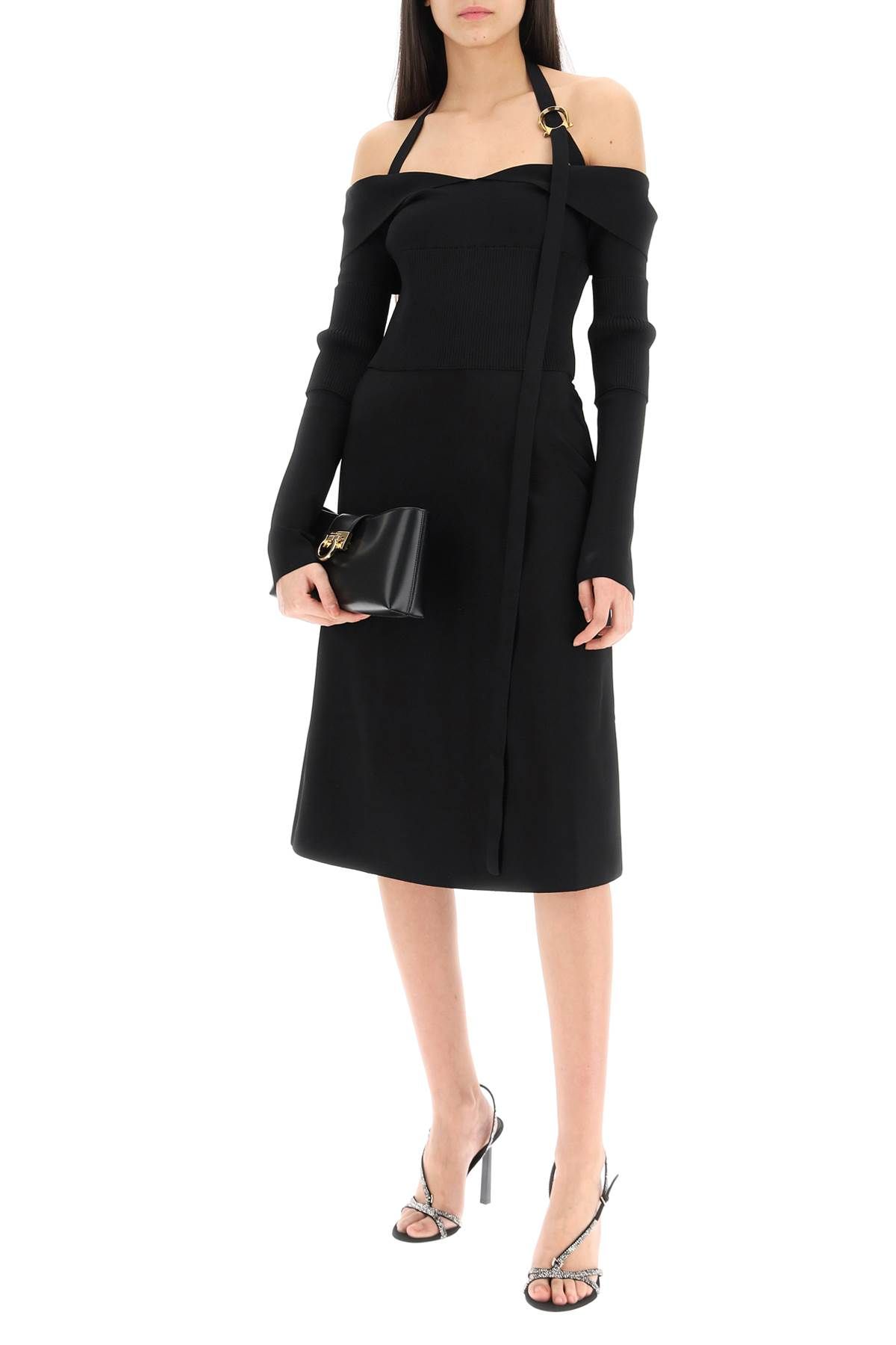 Shop Ferragamo Knit Midi Dress With Gancini Buckle In Black