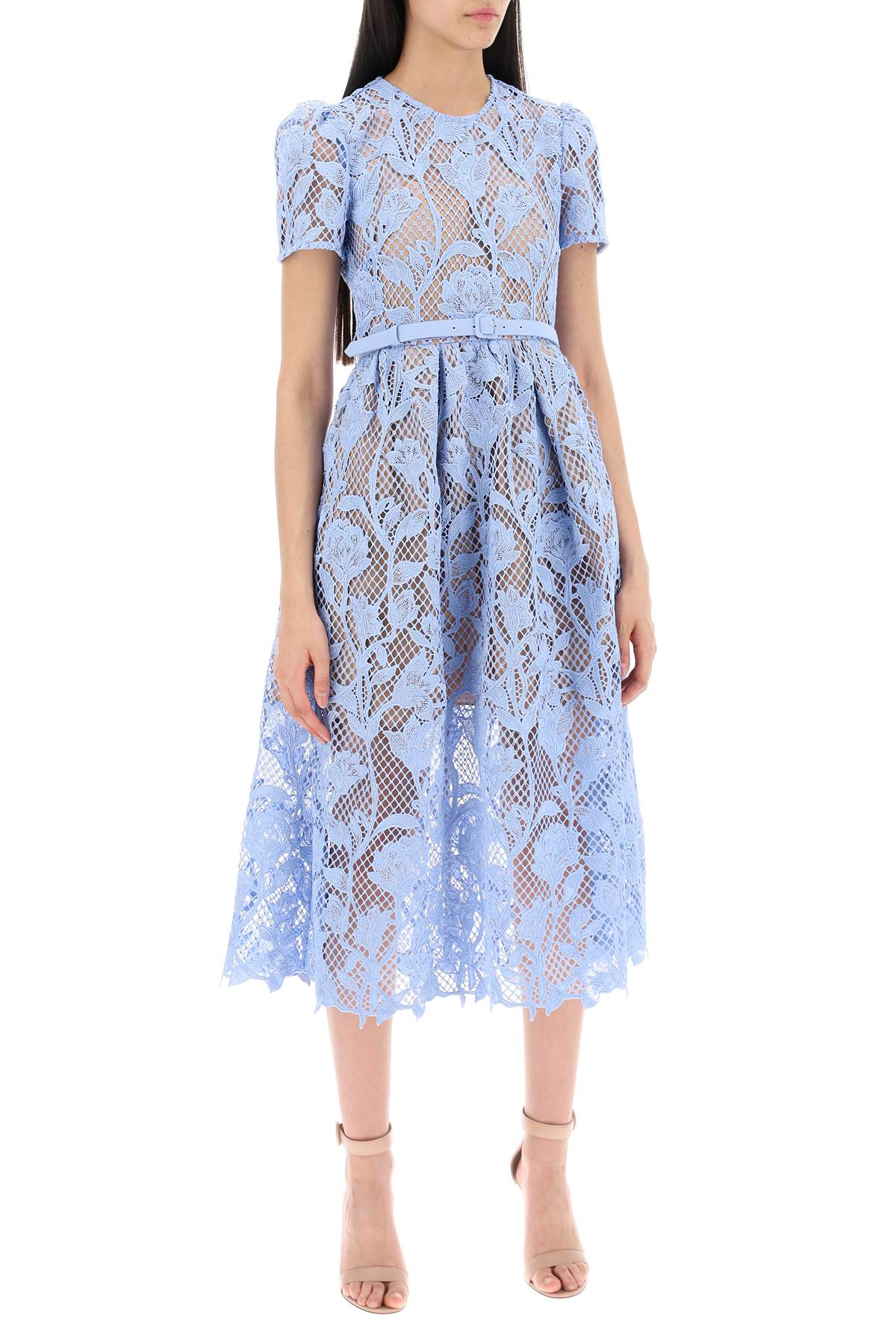 Shop Self-portrait Floral Lace Midi Dress With Eight In Light Blue