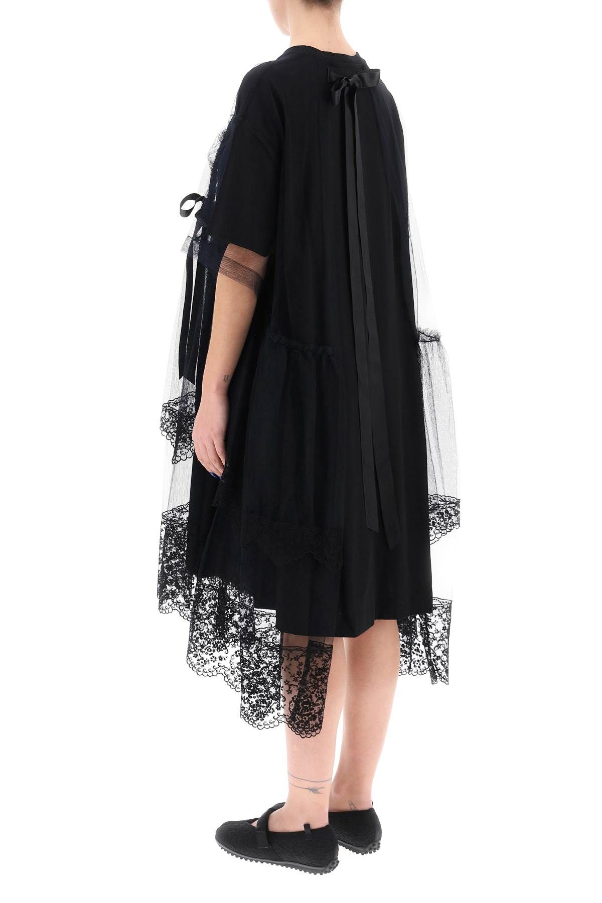 Shop Simone Rocha Midi Dress In Mesh With Lace And Bows In Black