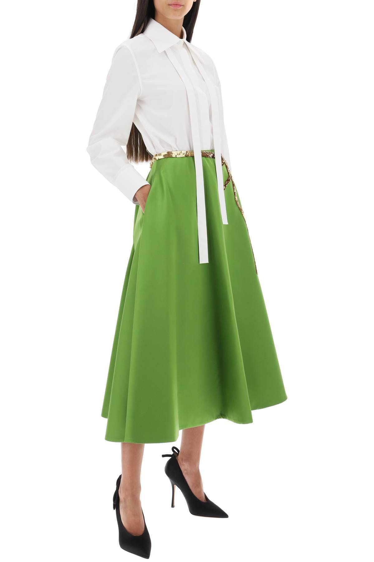 Shop Valentino Techno Duchesse A-line Skirt With Sequin-studded Bow In Green