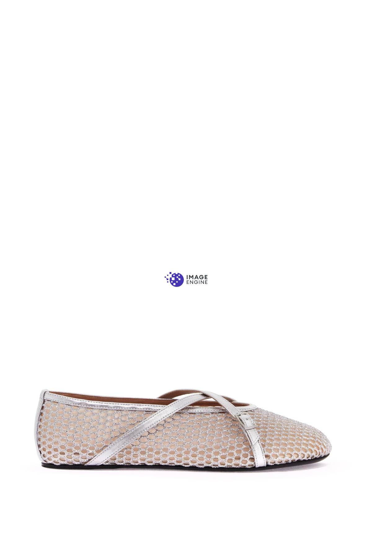 D’accori Mesh Bambi Ballet Flats With Criss Cross Strap In Silver