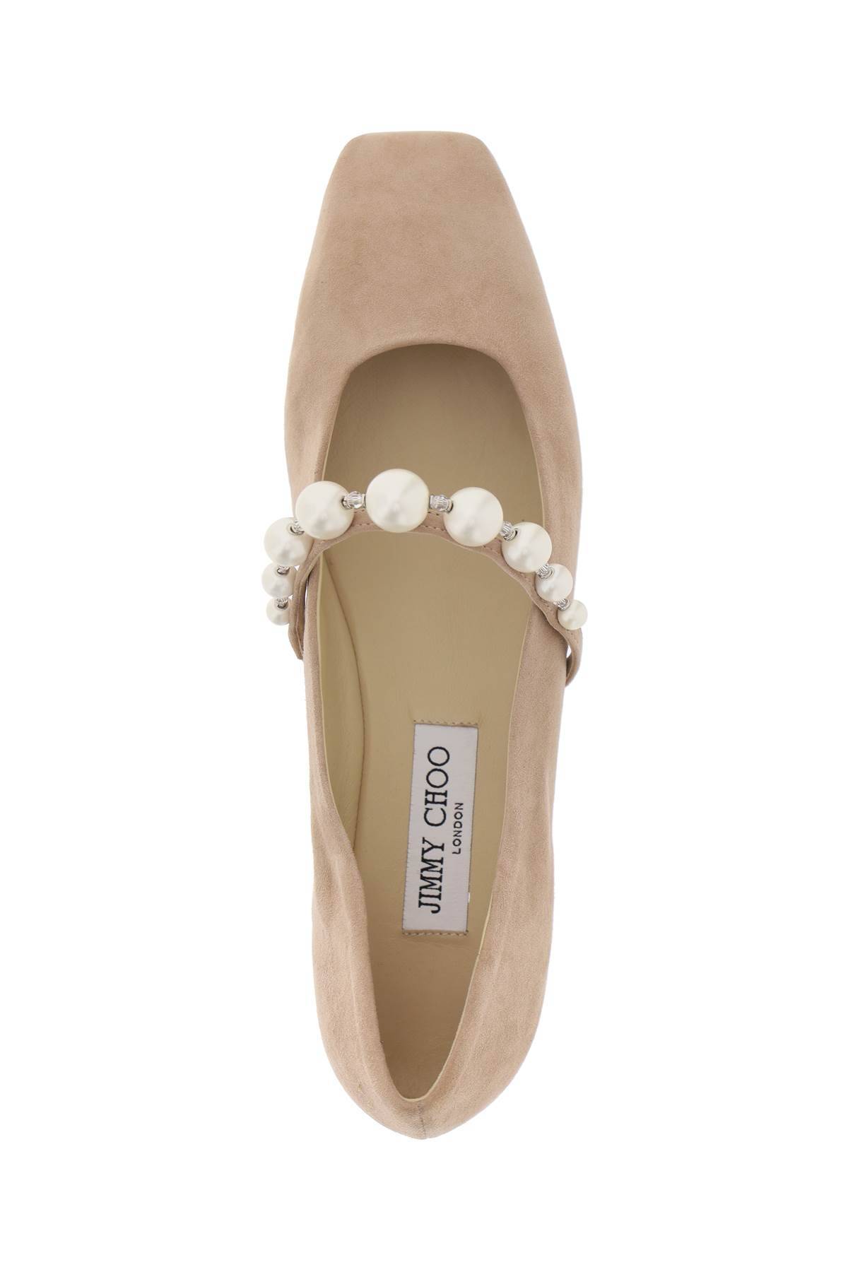 Shop Jimmy Choo Suede Leather Ballerina Flats With Pearl In Neutro