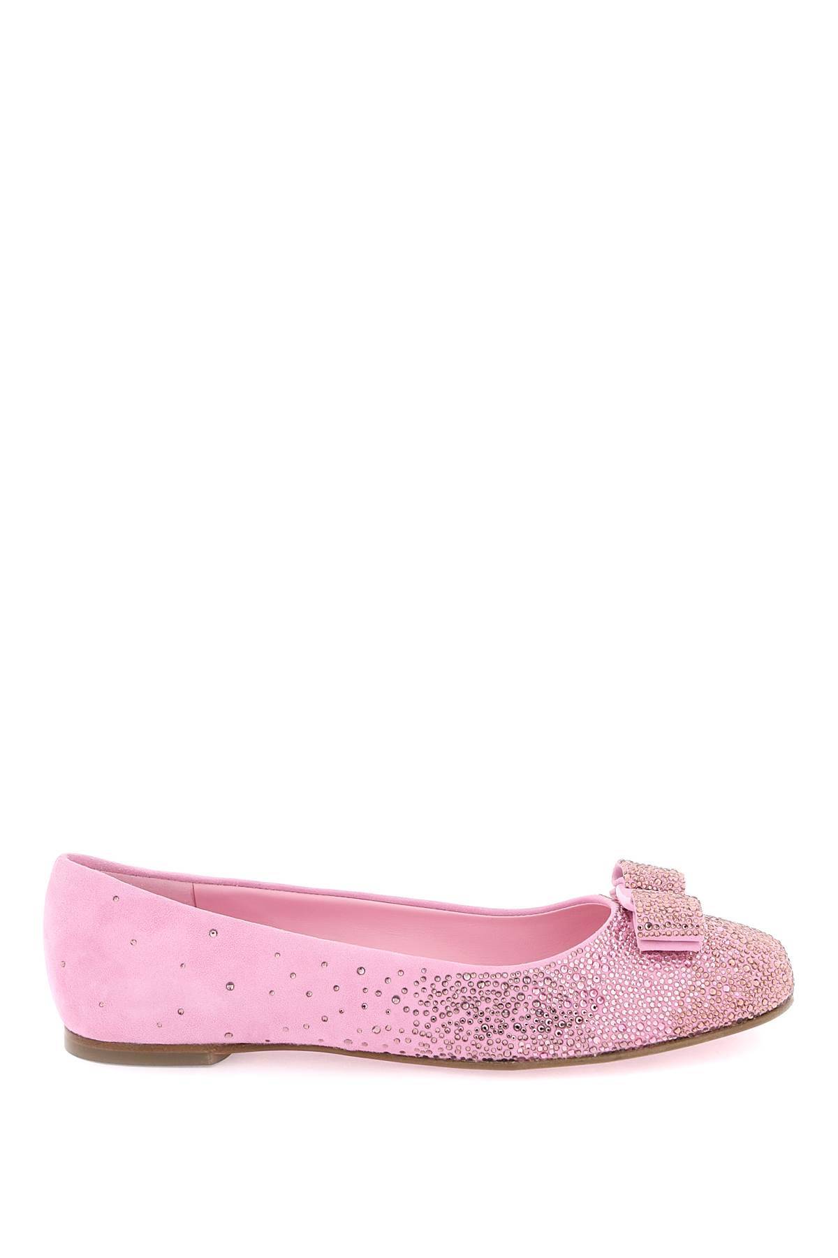 Ferragamo Ballerina Flats With Vara Bow And Crystals In Pink