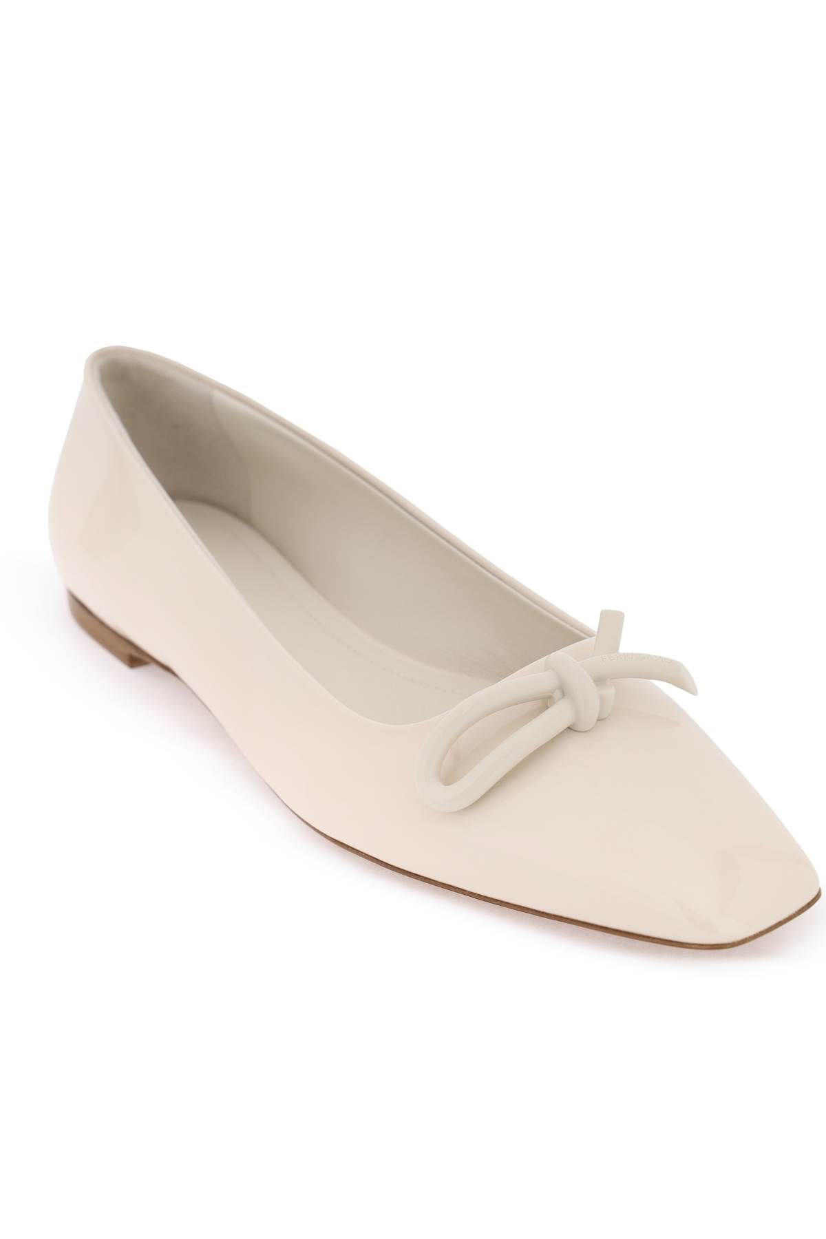 Shop Ferragamo Patent Leather Ballet Flats With Asymmetrical Bow In White