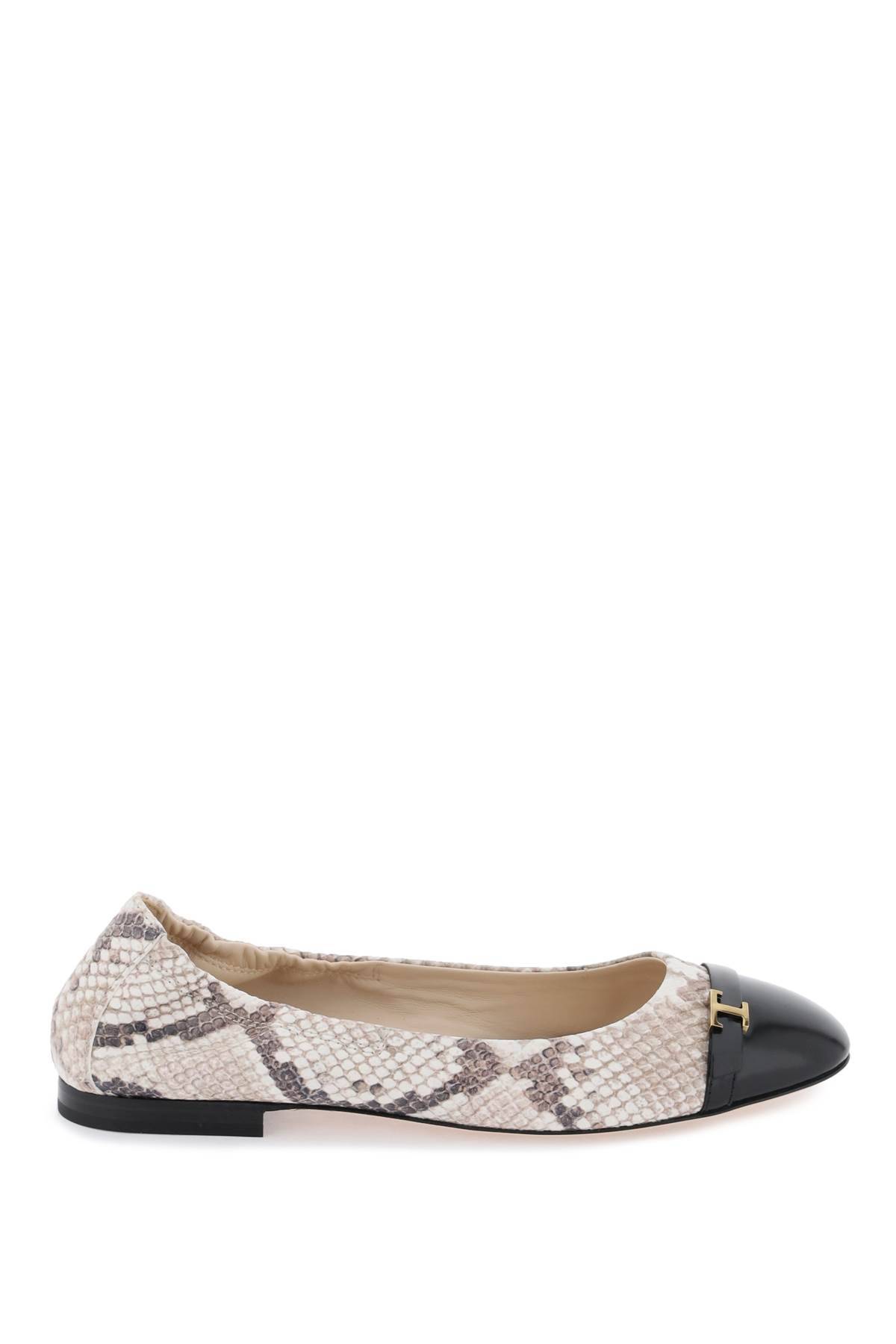 Shop Tod's Snake-printed Leather Ballet Flats In Black,white,beige