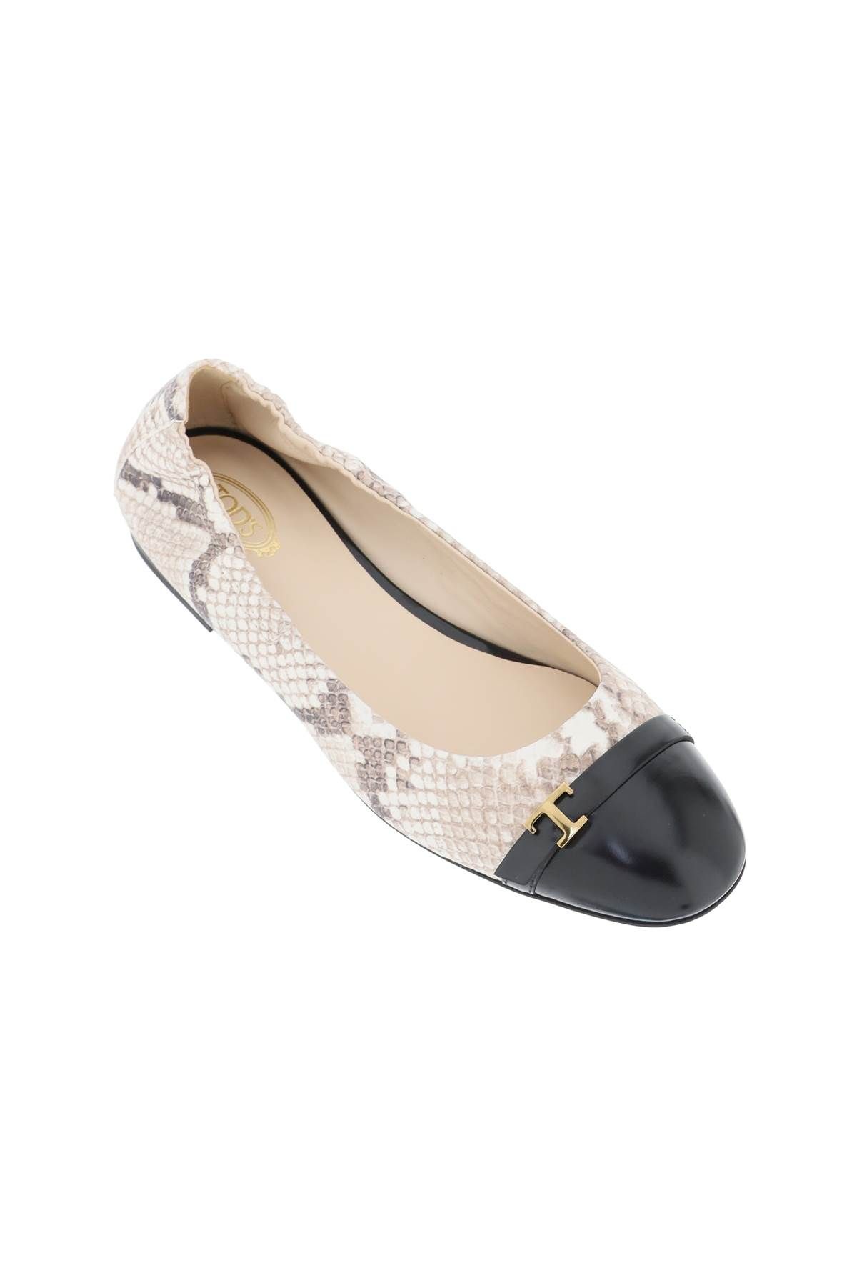 Shop Tod's Snake-printed Leather Ballet Flats In Black,white,beige