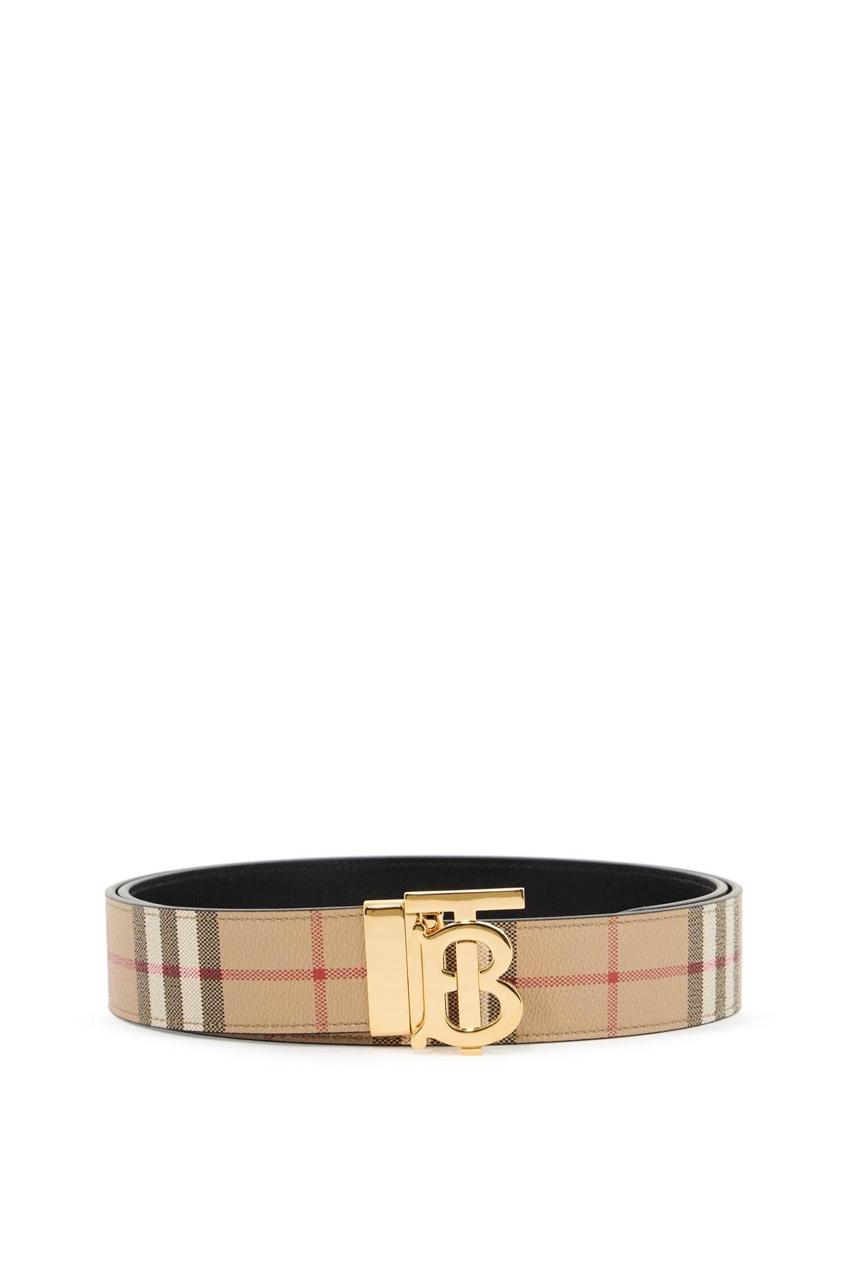 Shop Burberry Reversible Tb Check Belt In Beige