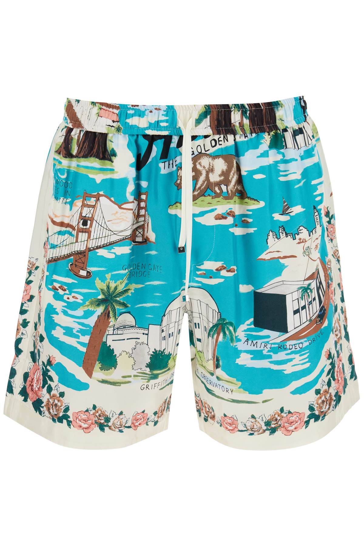 Shop Amiri California Hawaiian Silk Shorts In White,light Blue