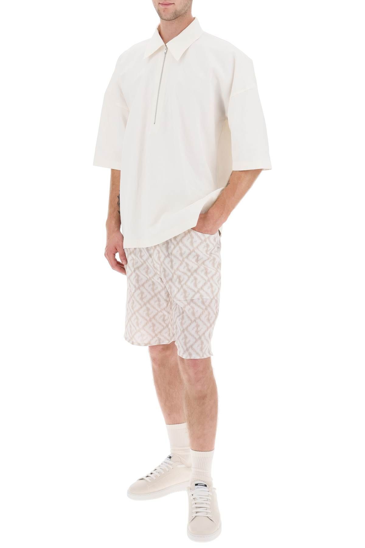 Shop Fendi Ikat Ff Linen Shorts In Beige