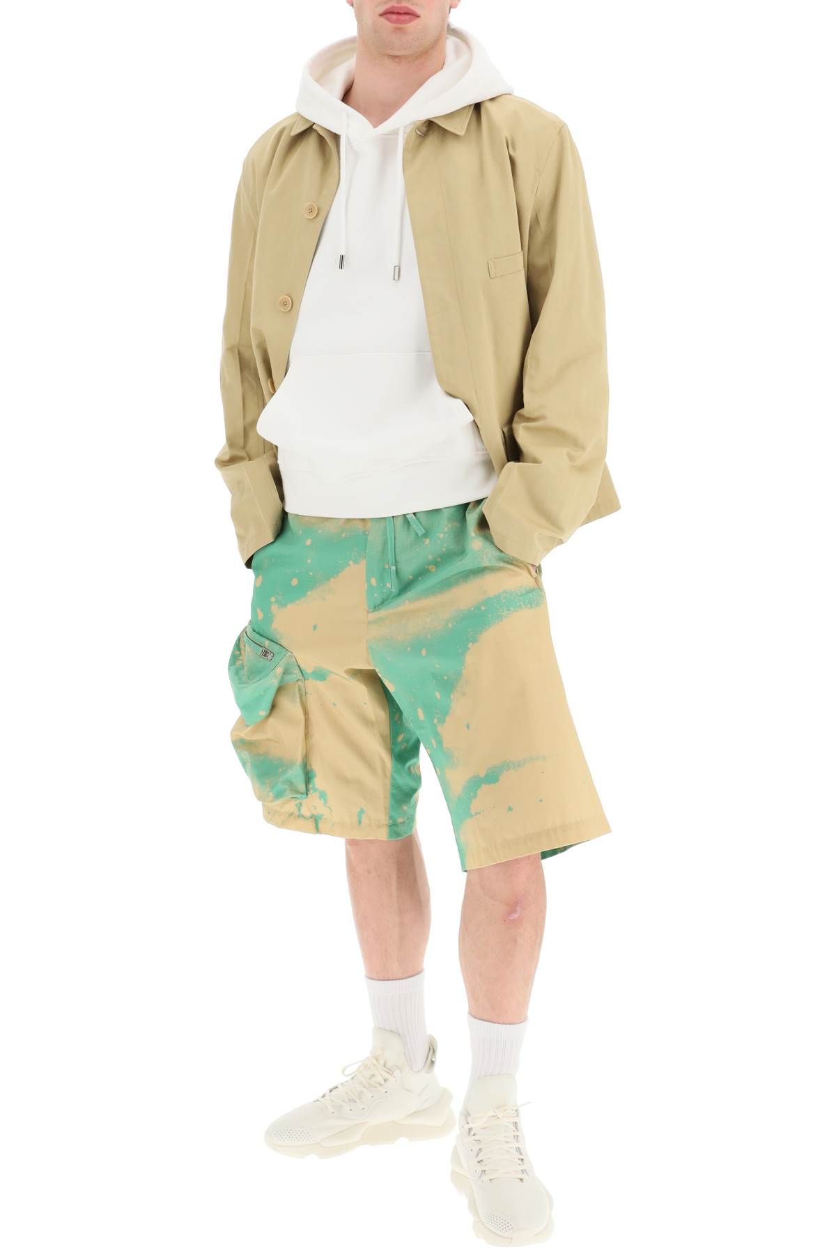 Shop Oamc Smudge Oversized Shorts With Maxi Pockets In Green,beige