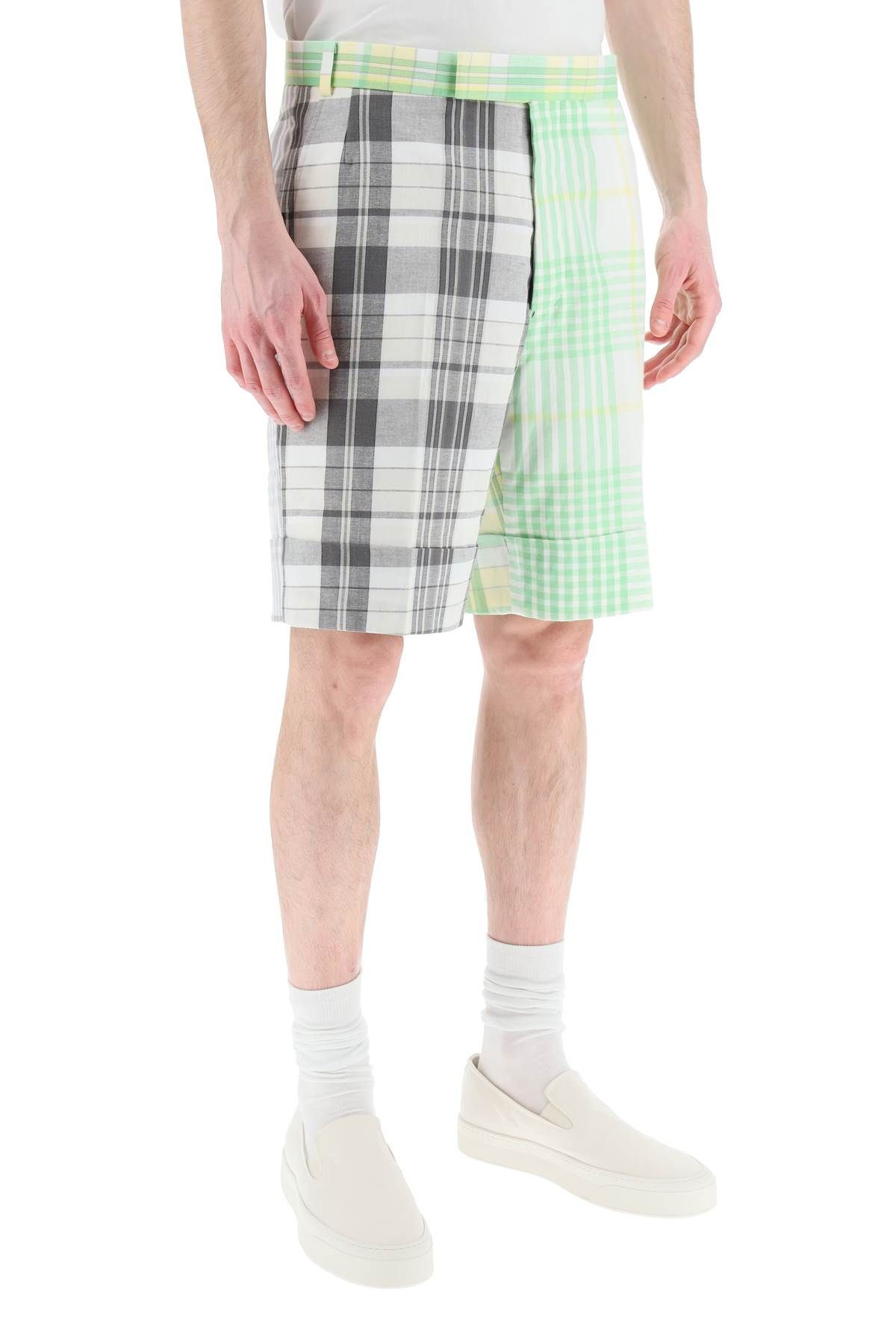 Shop Thom Browne Funmix Madras Cotton Shorts In White,grey,green