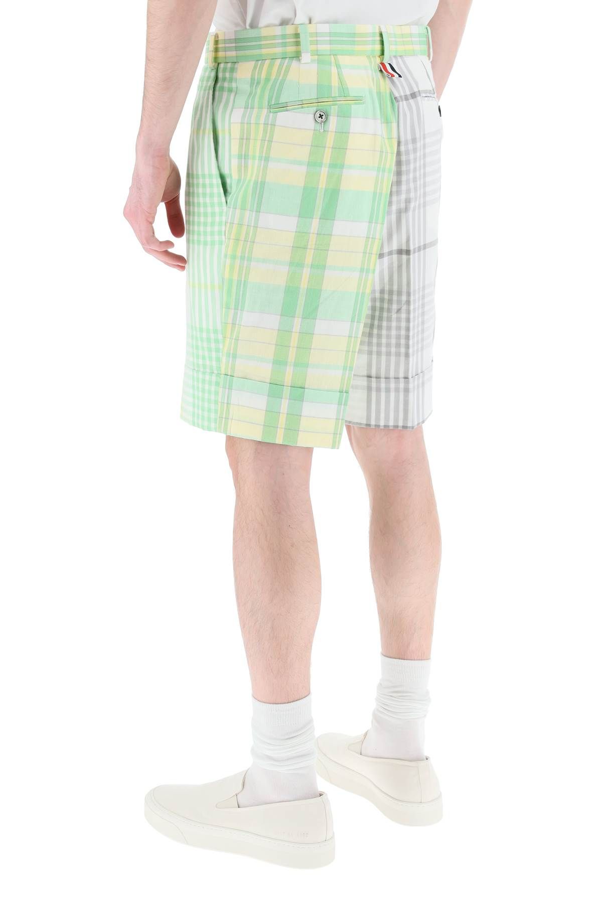 Shop Thom Browne Funmix Madras Cotton Shorts In White,grey,green