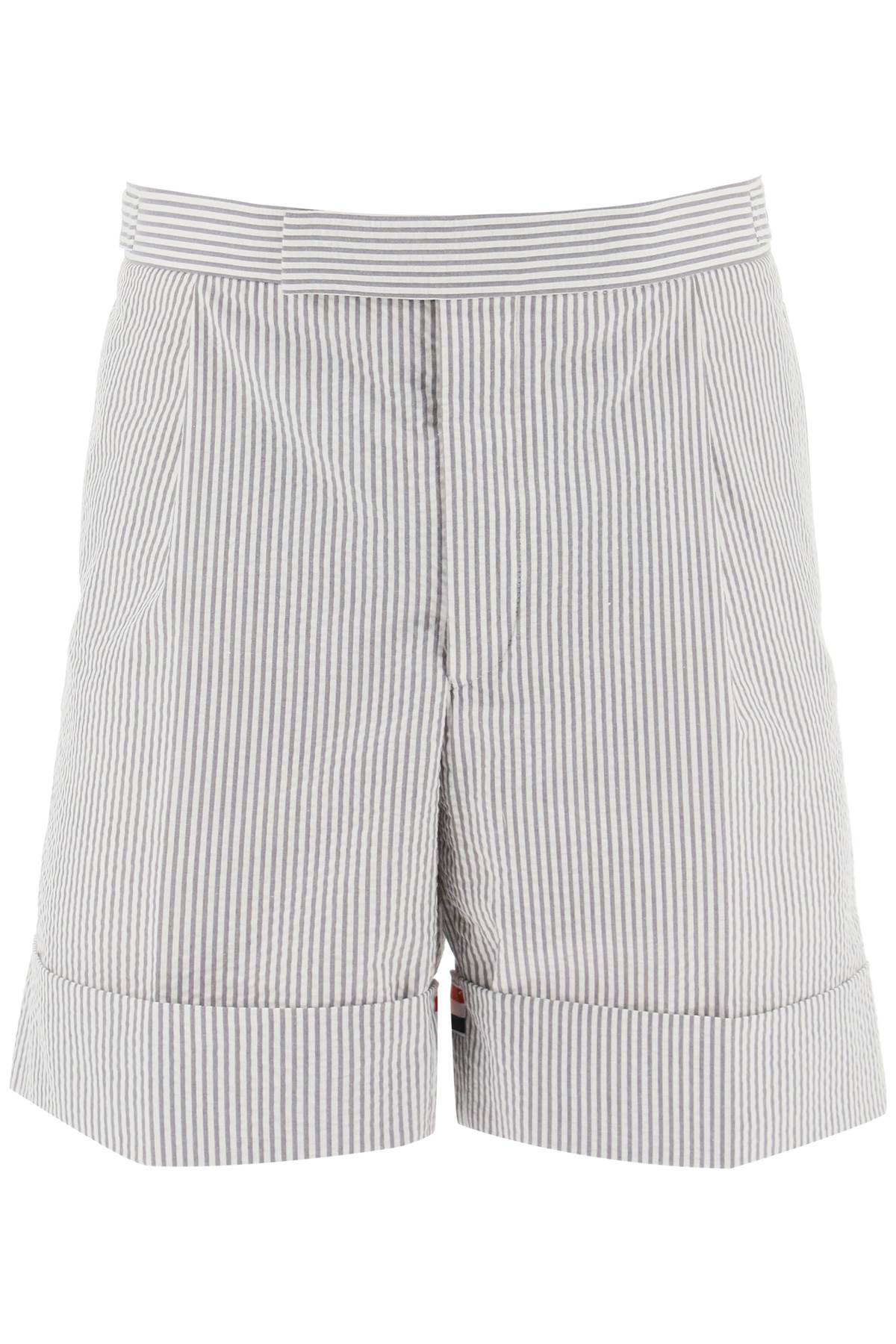 Shop Thom Browne Striped Shorts With Tricolor Details In White,grey