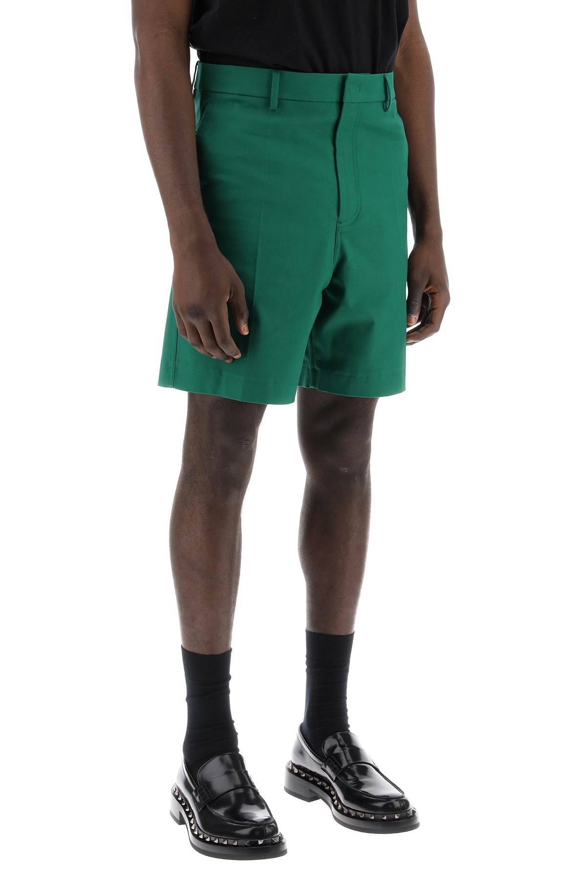Shop Valentino "canvas Bermuda Shorts With V Detail" In Green