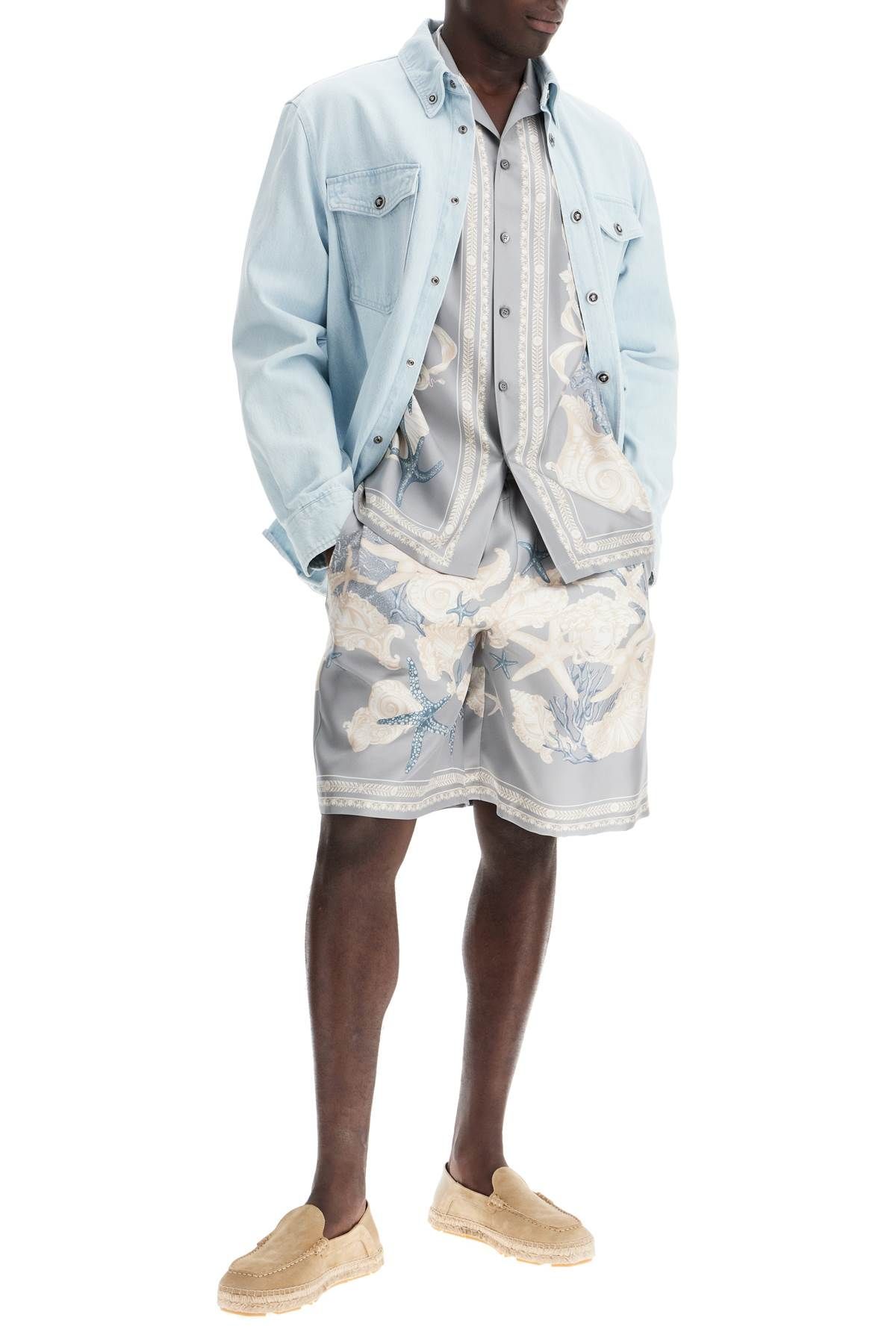 Shop Versace Baroque Silk Bermuda Set In Grey