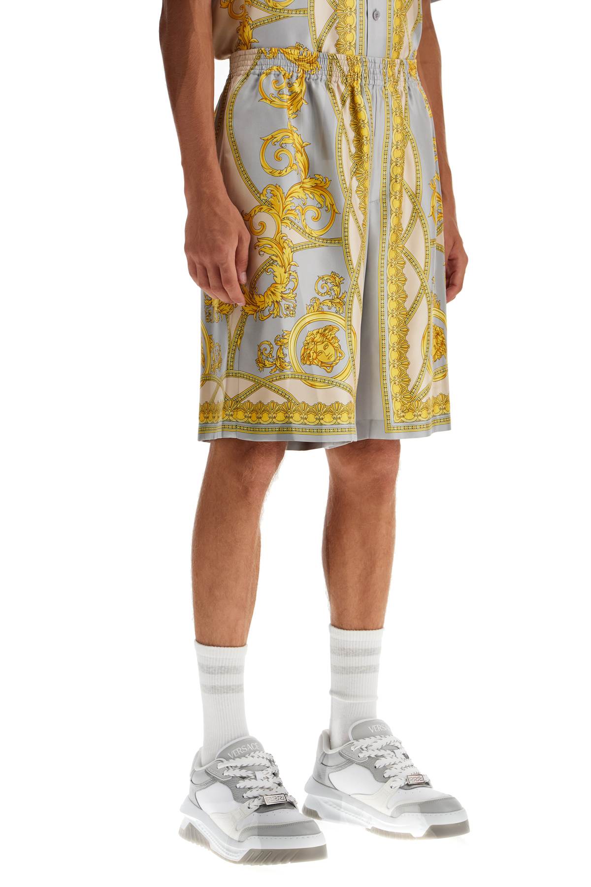 Shop Versace Silk Bermuda Shorts 'cup Of In Grey