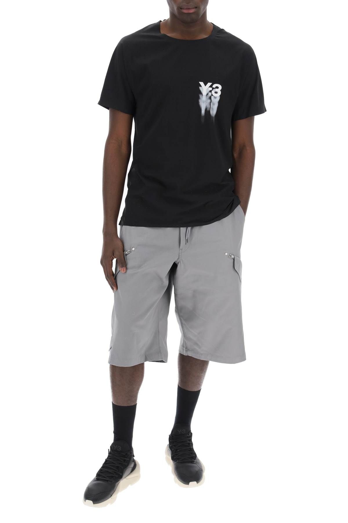 Shop Y-3 Canvas Multi-pocket Bermuda Shorts. In Grey