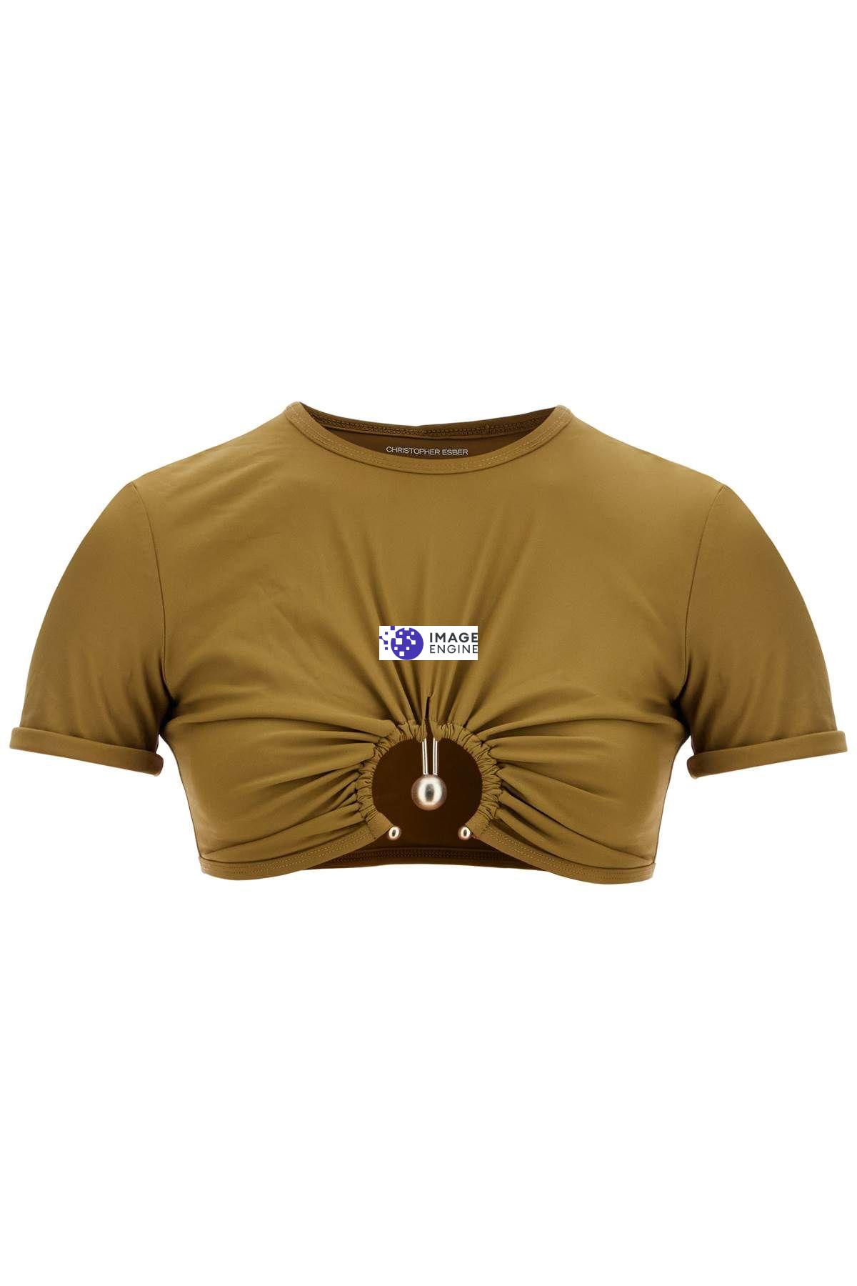 Christopher Esber Ruched Orbit Crop Swim T-shirt In Khaki