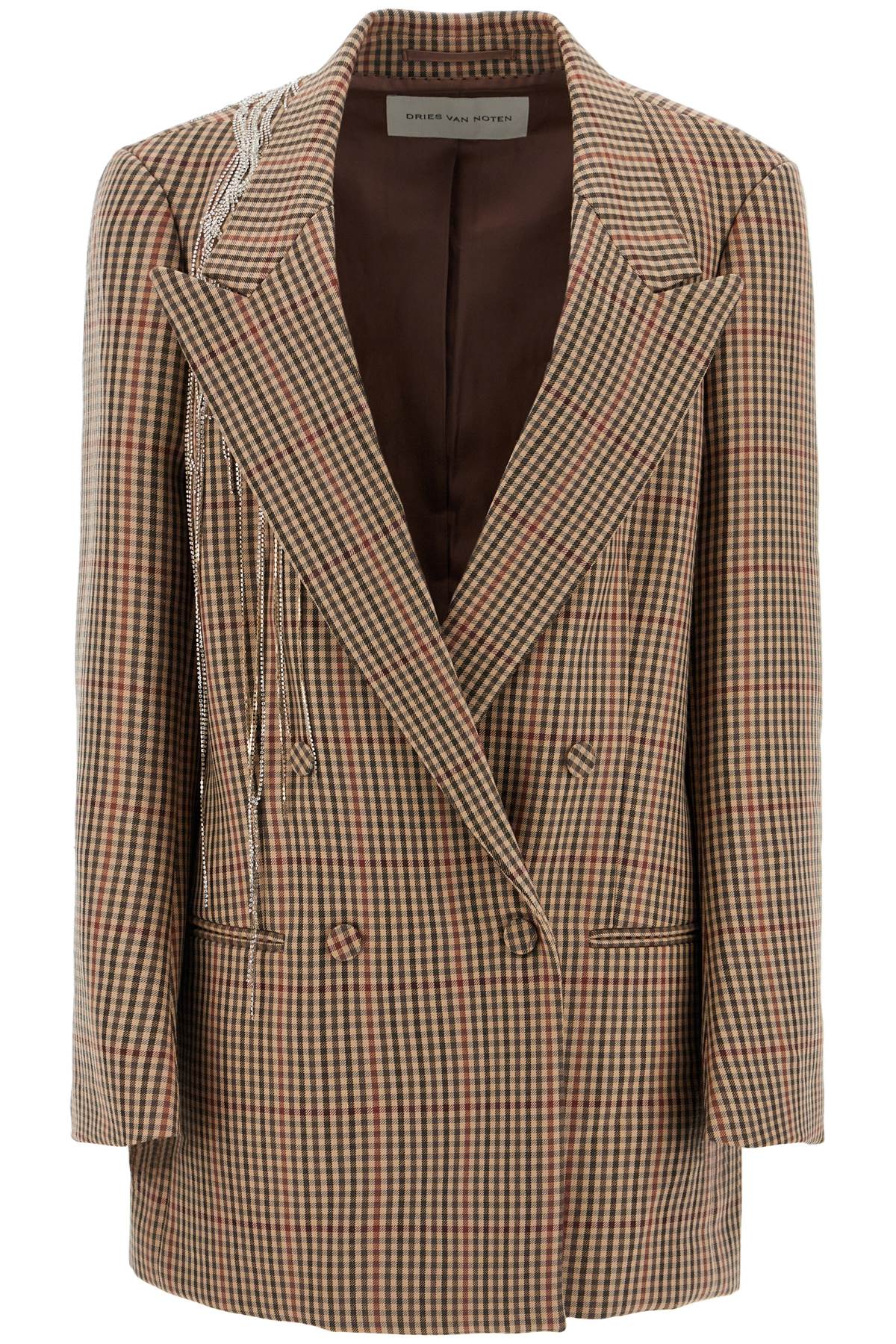 Shop Dries Van Noten Blink Plaid Blazer With Crystal Chains In Beige