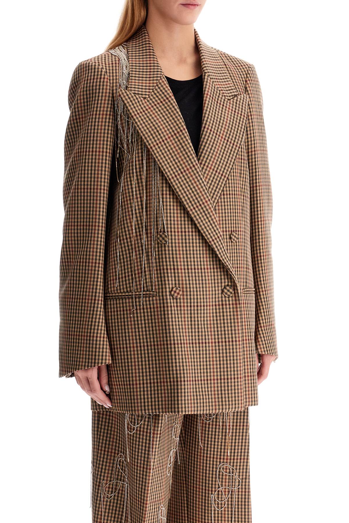 Shop Dries Van Noten Blink Plaid Blazer With Crystal Chains In Beige