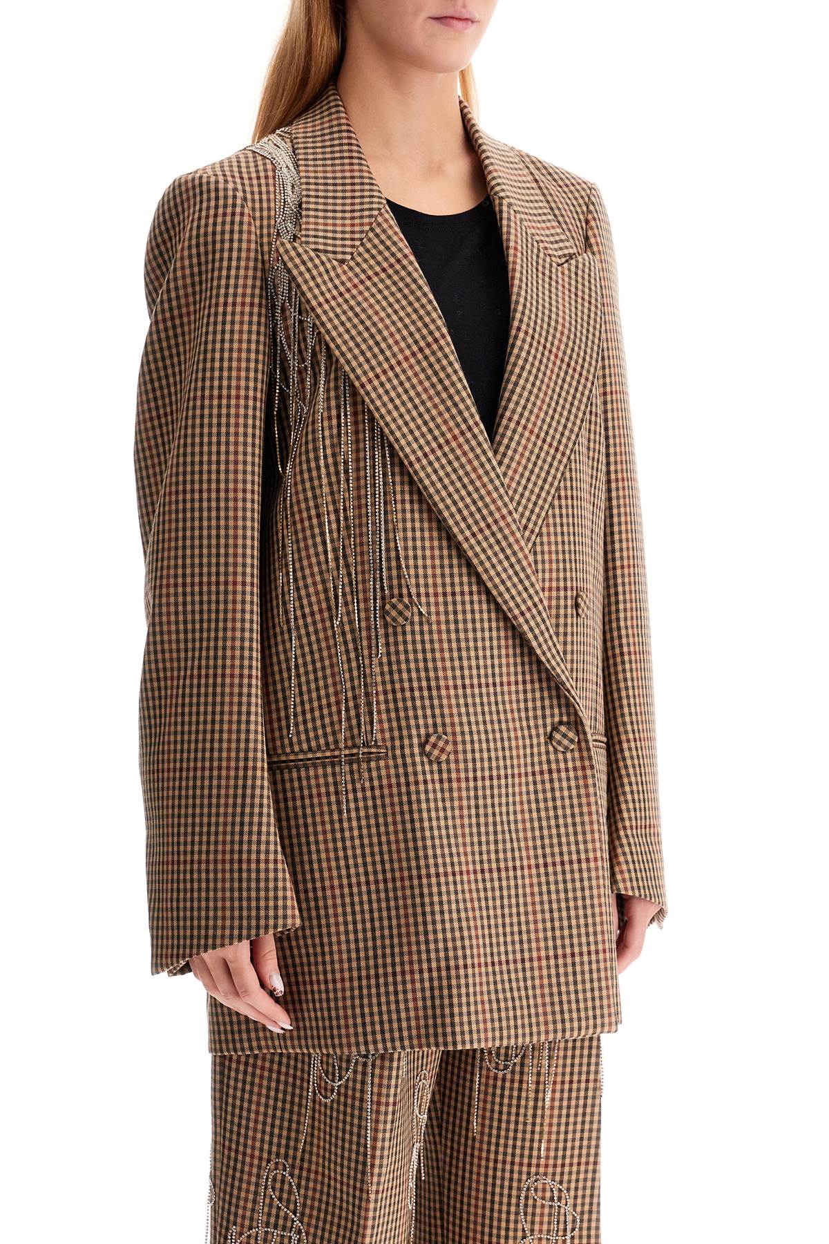 Shop Dries Van Noten Blink Plaid Blazer With Crystal Chains In Beige