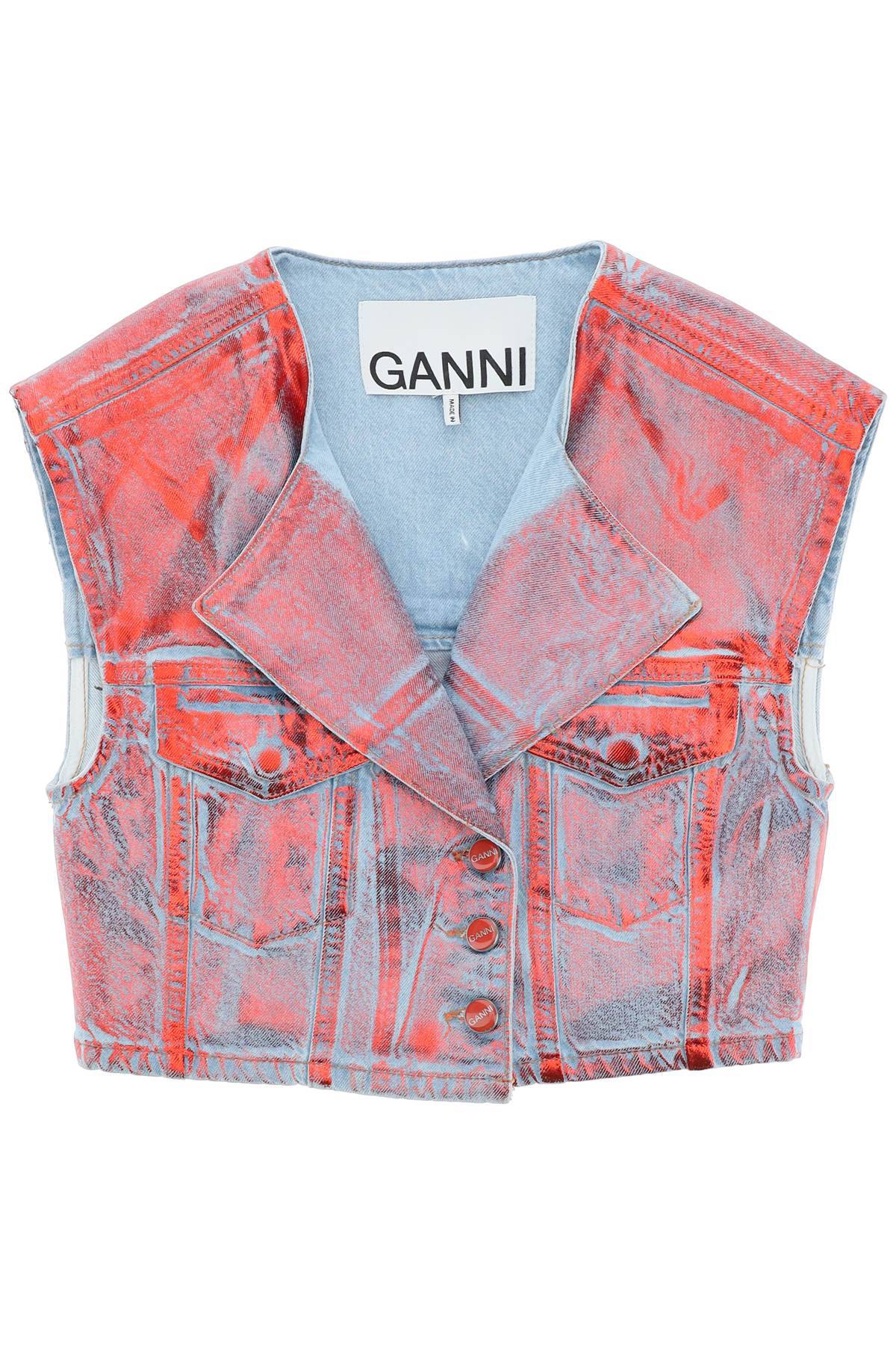 Shop Ganni Cropped Vest In Laminated Denim In Blue,red