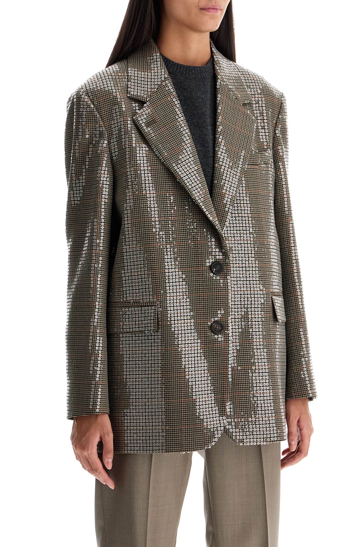 Shop Golden Goose Houndstooth Blazer With Sequins In Beige