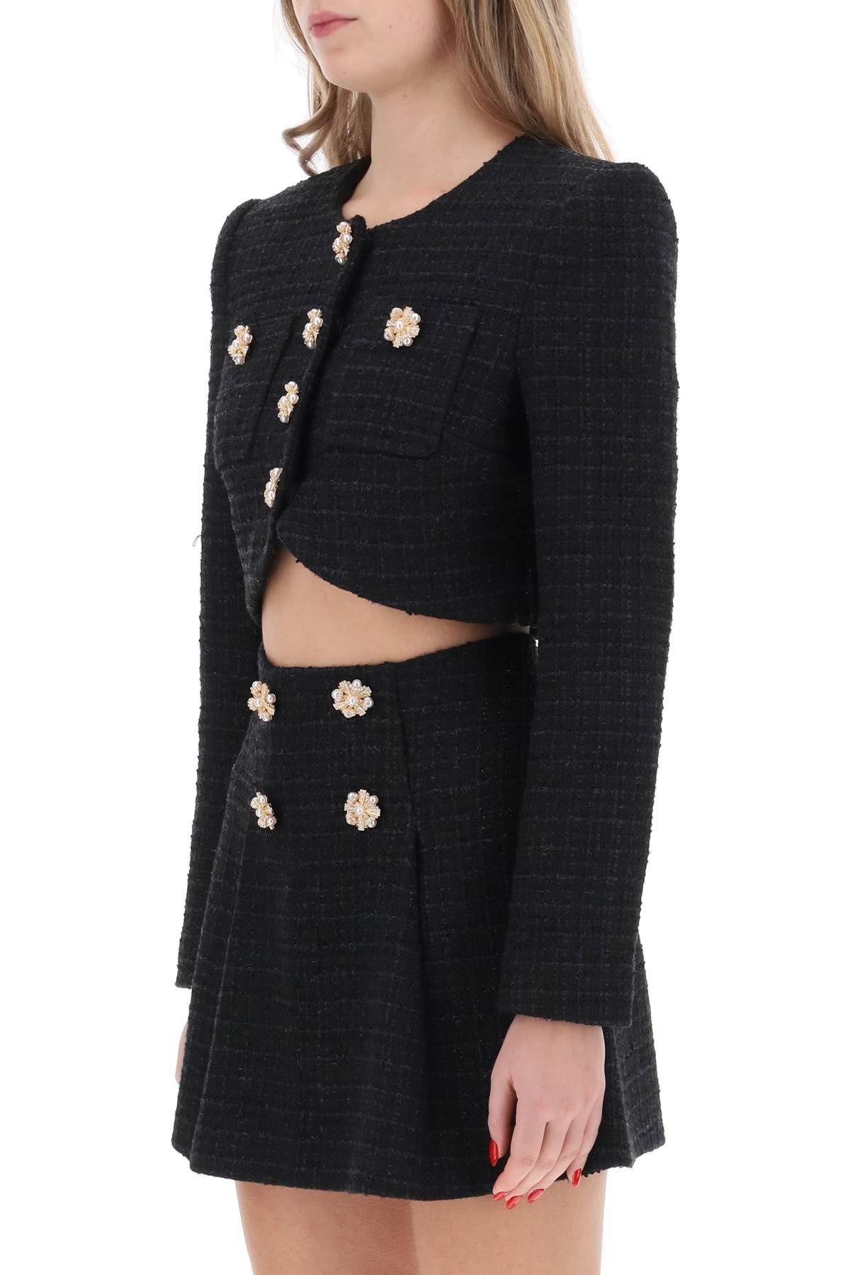 Shop Self-portrait Tweed Cropped Jacket With Diamanté Buttons In Blue,black