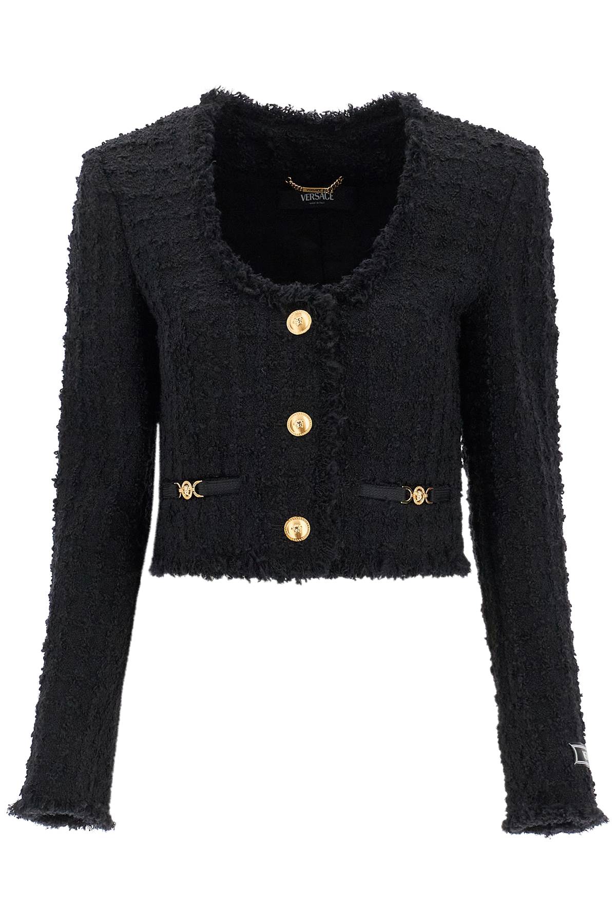 Shop Versace Short Tweed Heritage Jacket In Black