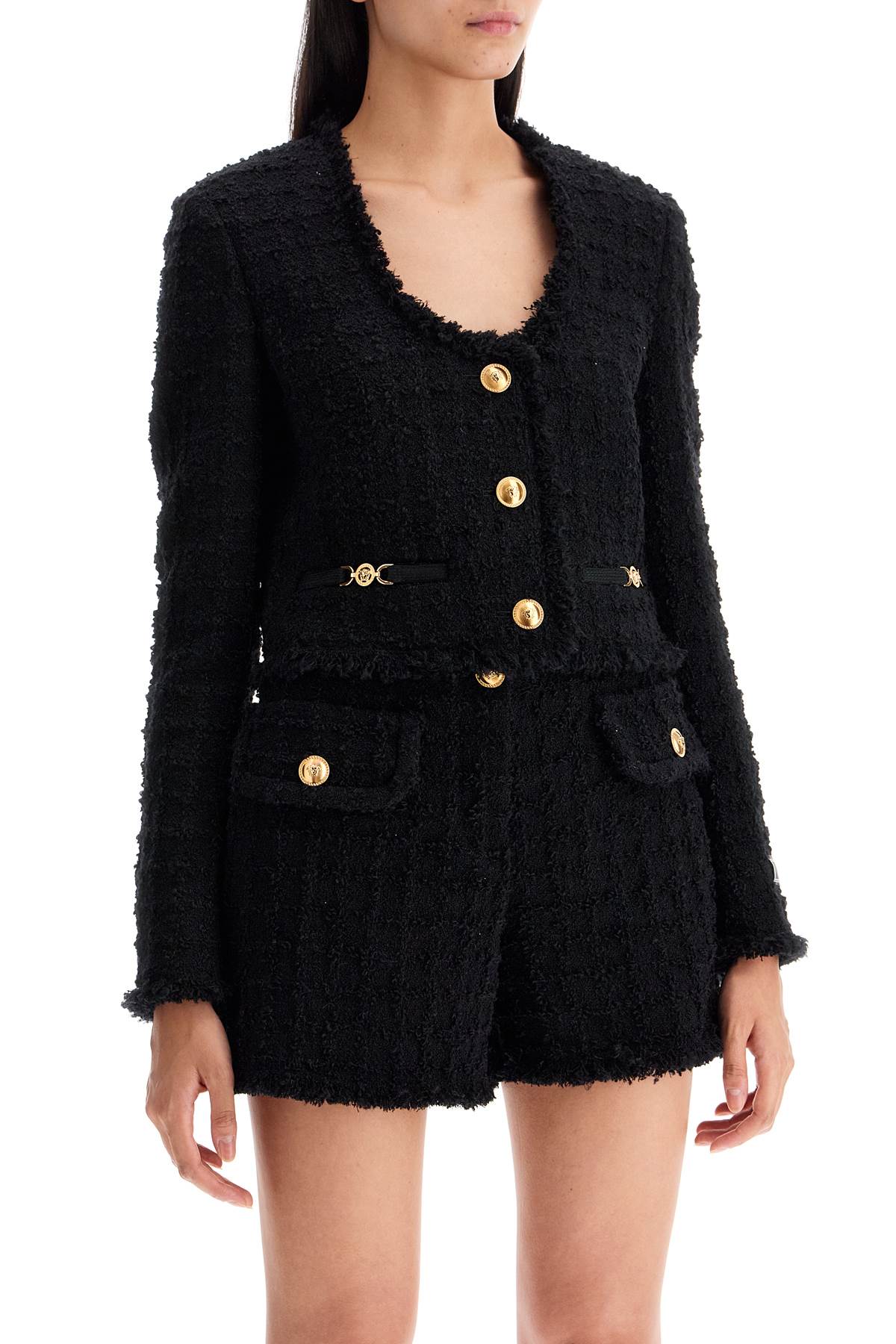 Shop Versace Short Tweed Heritage Jacket In Black