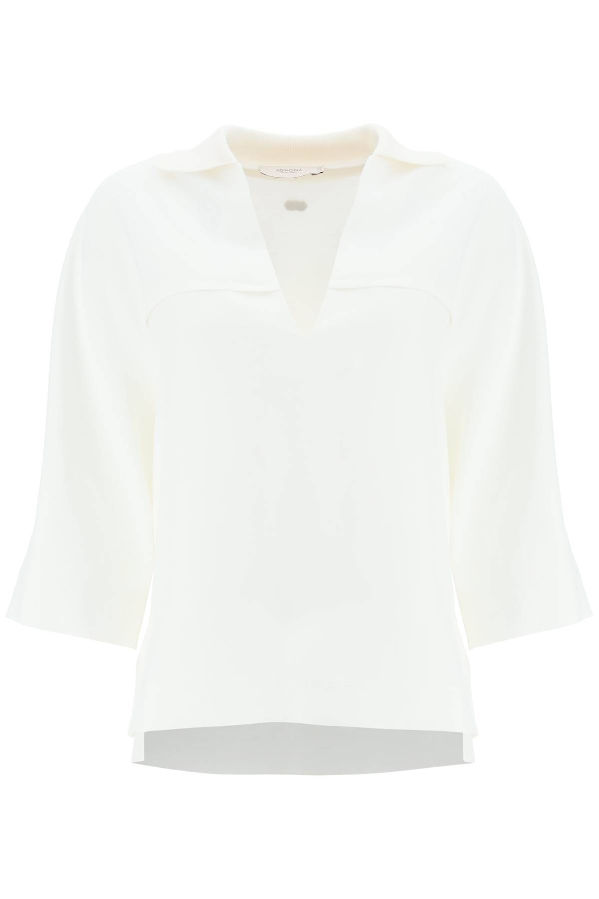 Shop Agnona Linen Viscose Polo Blouse In White