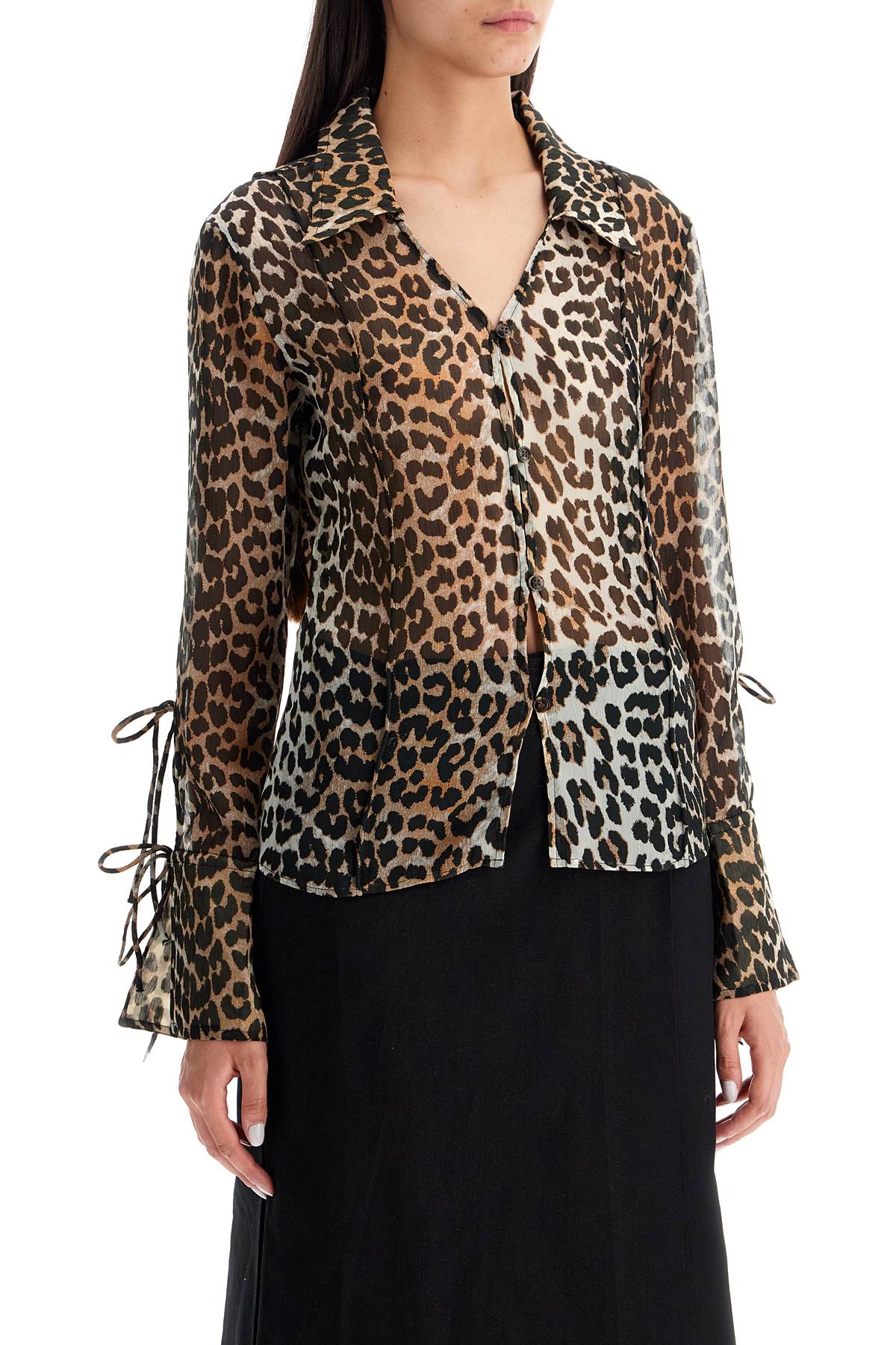 Shop Ganni Leopard Print Chiffon Blouse In Brown