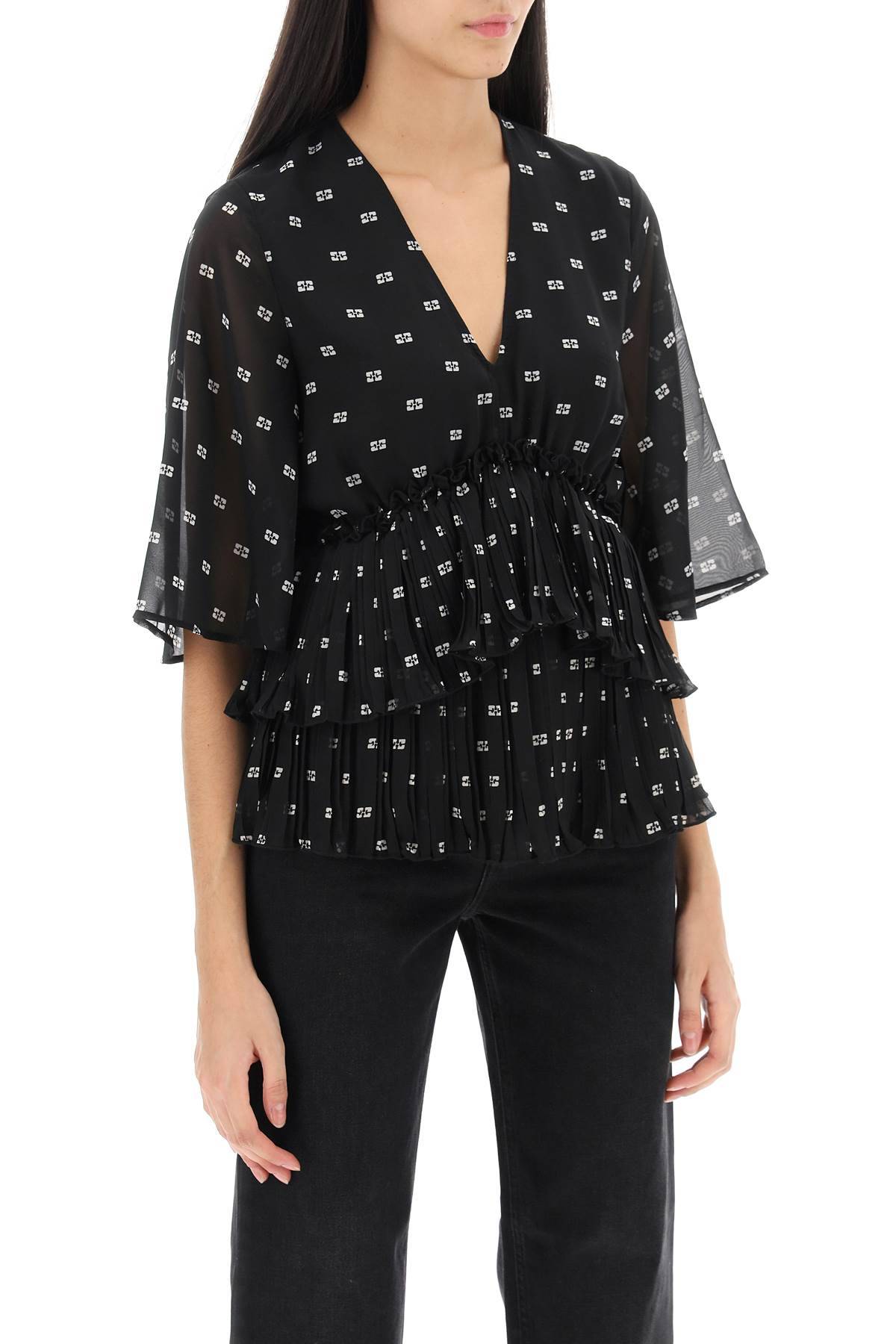 Shop Ganni Butterfly Pleated Blouse In Black,white