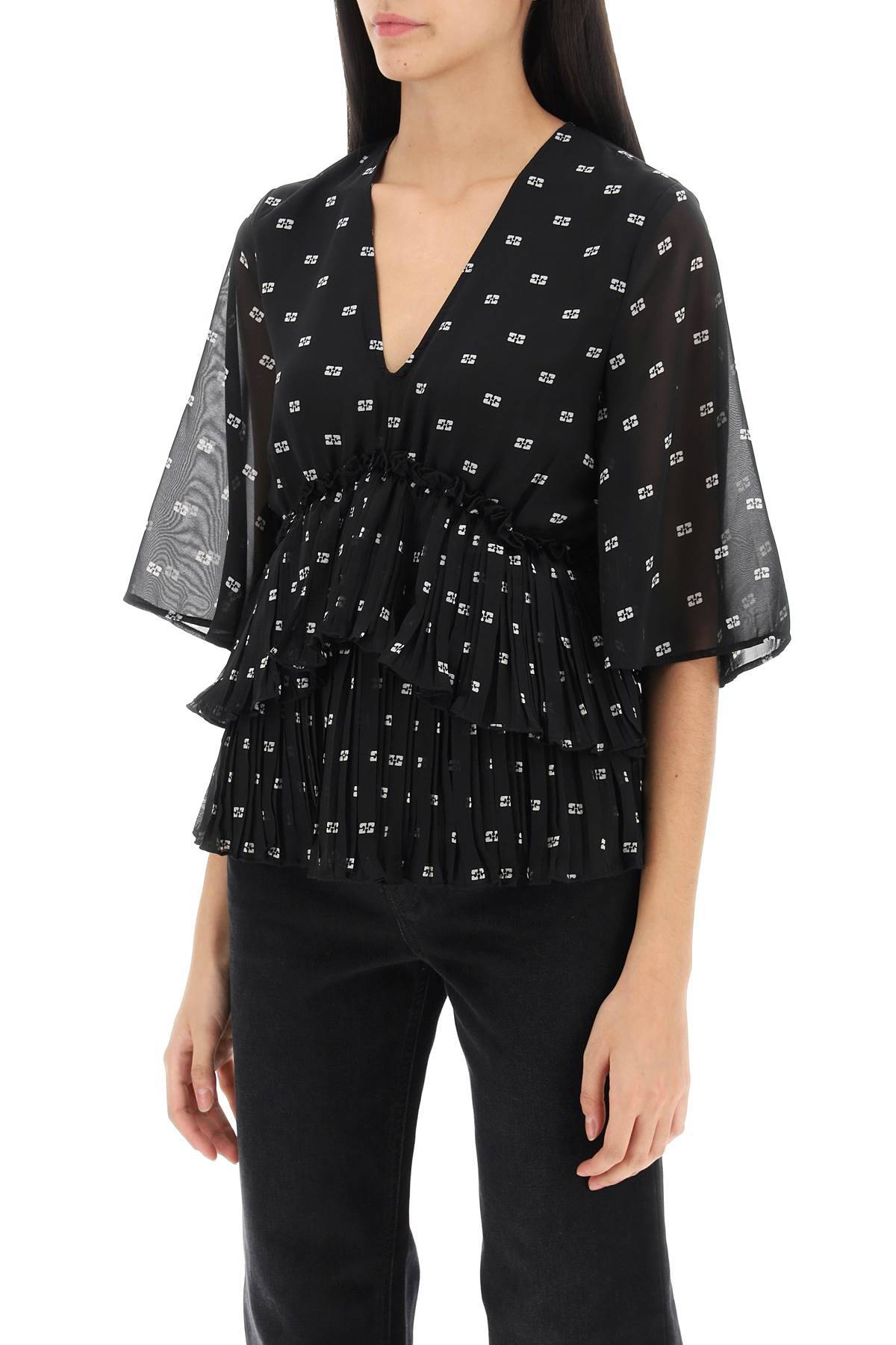 Shop Ganni Butterfly Pleated Blouse In Black,white