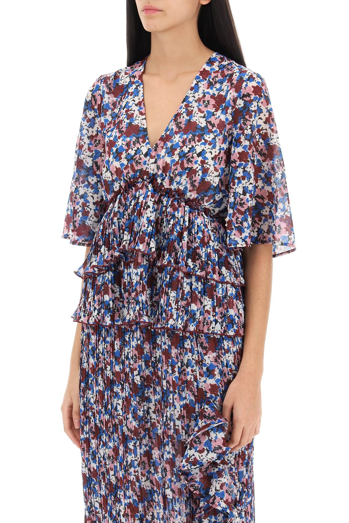 Shop Ganni Pleated Blouse With Floral Motif In Multicolor