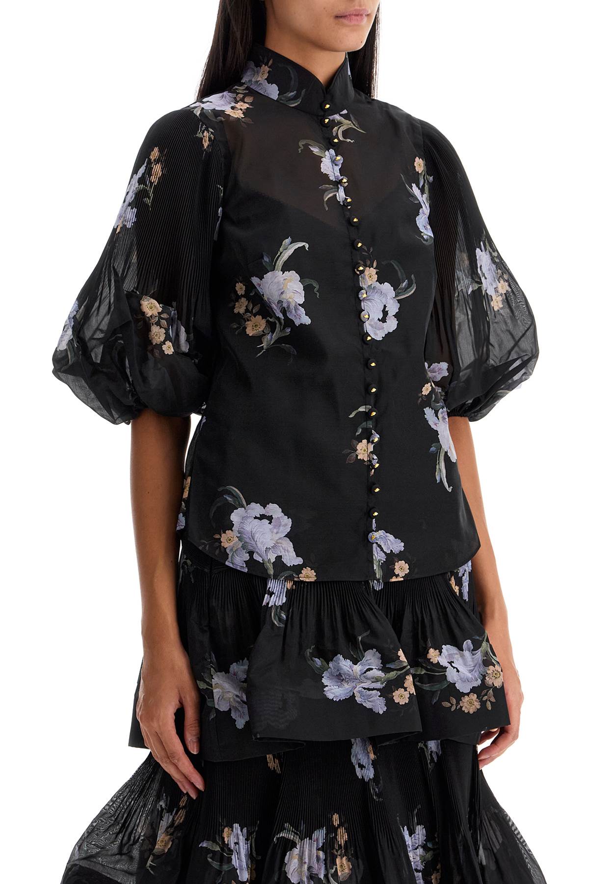 Shop Zimmermann Illustrated Blouse With Pleated Sleeves In Black