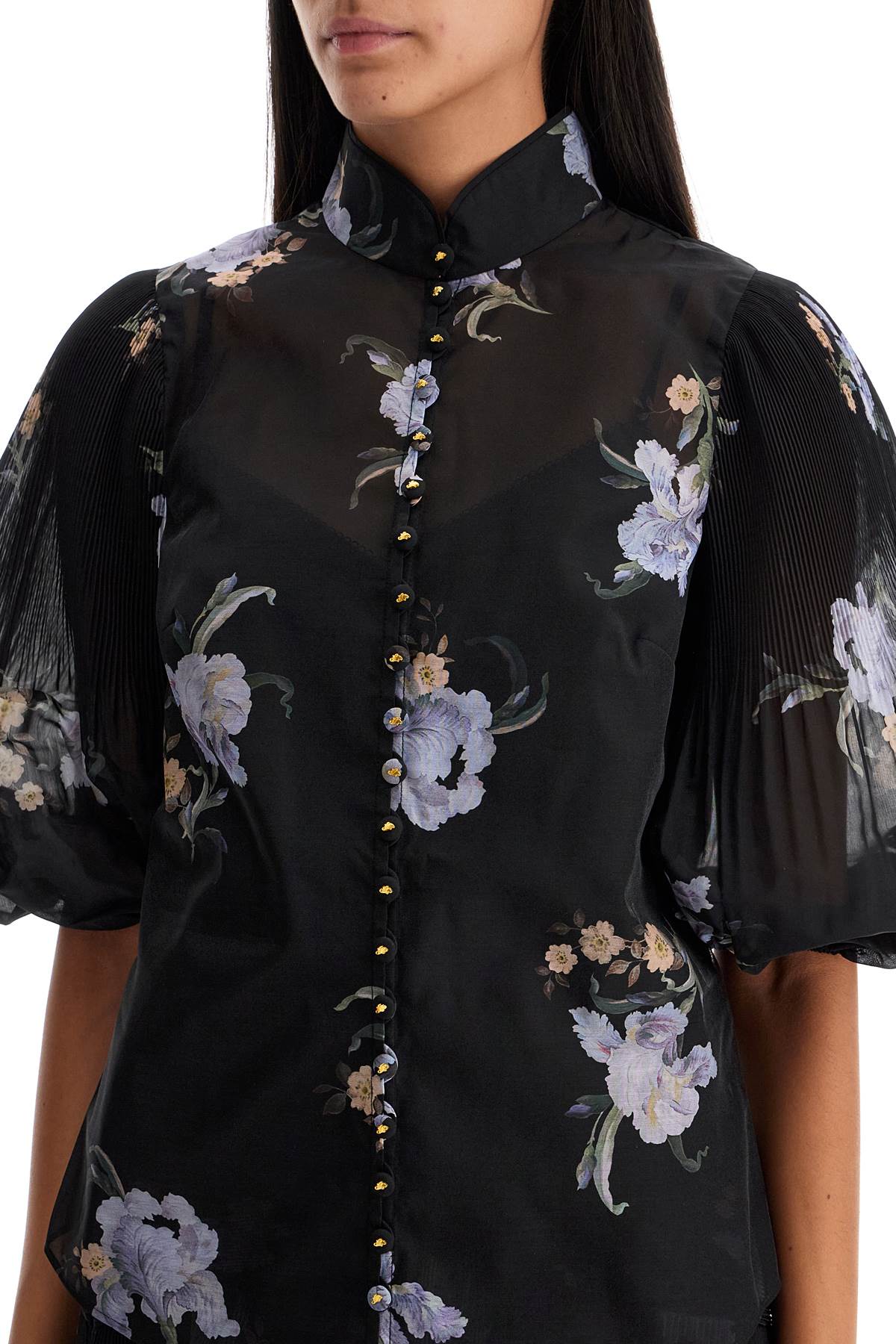 Shop Zimmermann Illustrated Blouse With Pleated Sleeves In Black